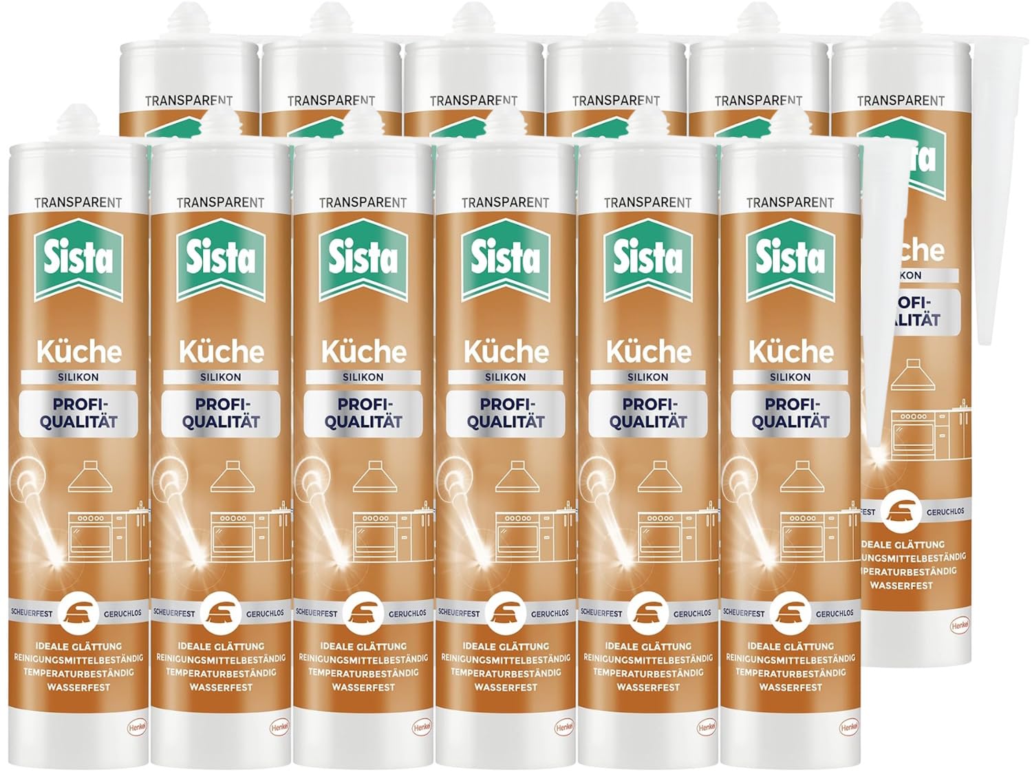 Sista Küche Profi-Qualität Silikon, scheuerfeste Fugenmasse für die Küche, wasserfestes Küchensilikon mit idealer Glättung, reinigungsmittelbeständige Dichtmasse, 12x280ml Kartusche, transparent
