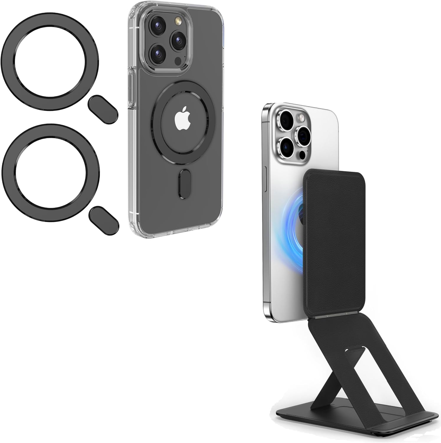 Universal MagSafe Ring 2 Pack + Black MagSafe Phone Tripod Wallet, Magnetic Phone Tripod Stand Compatible with iPhone 16/15/14/13/12 Series