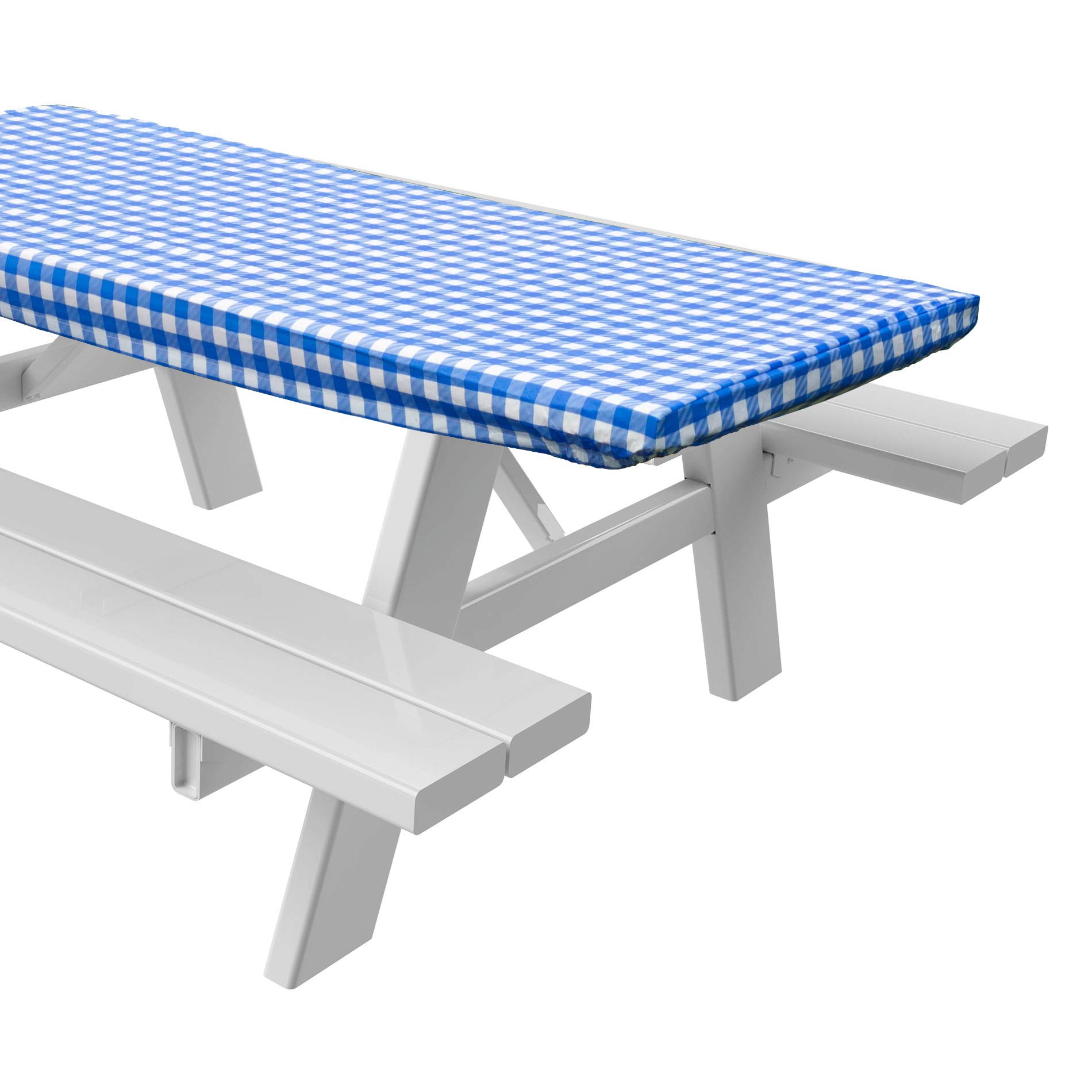 Sorfey Vinyl Picnic Table Fitted Tablecloth Cover, Checkered Design, Flannel Backed Lining, 28 x 72 Inch Blue