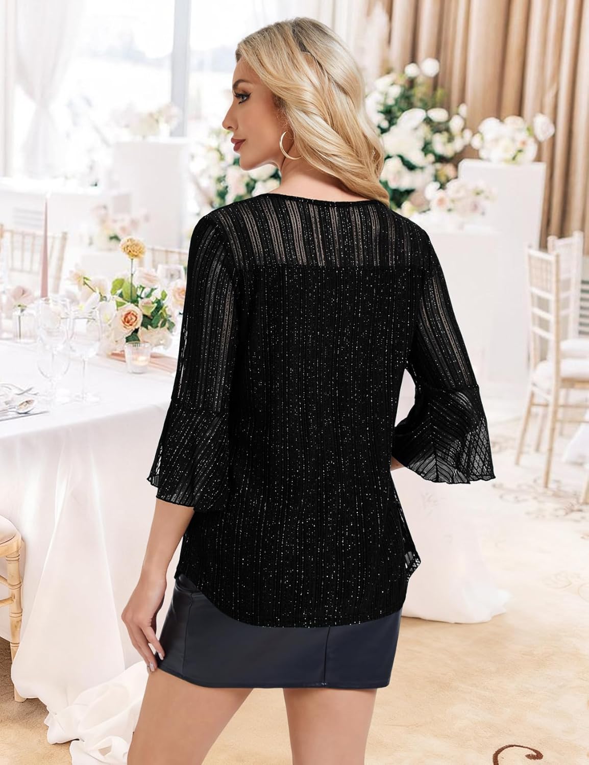 HANERDUN Women's Ruffle 3/4 Sleeve Dressy Blouses Double Layers Blouses Crew Neck Fashion Tunic Tops - Image 3