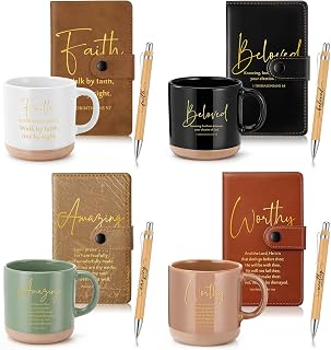 Potchen 12 Pcs Christian Church Gift 13oz Coffee Mug Journal Pen | Scripture Ceramic Cup Journal Pen, Inspirational Religious Bible Study Gift for Grandparents Pastor Teacher Women Men