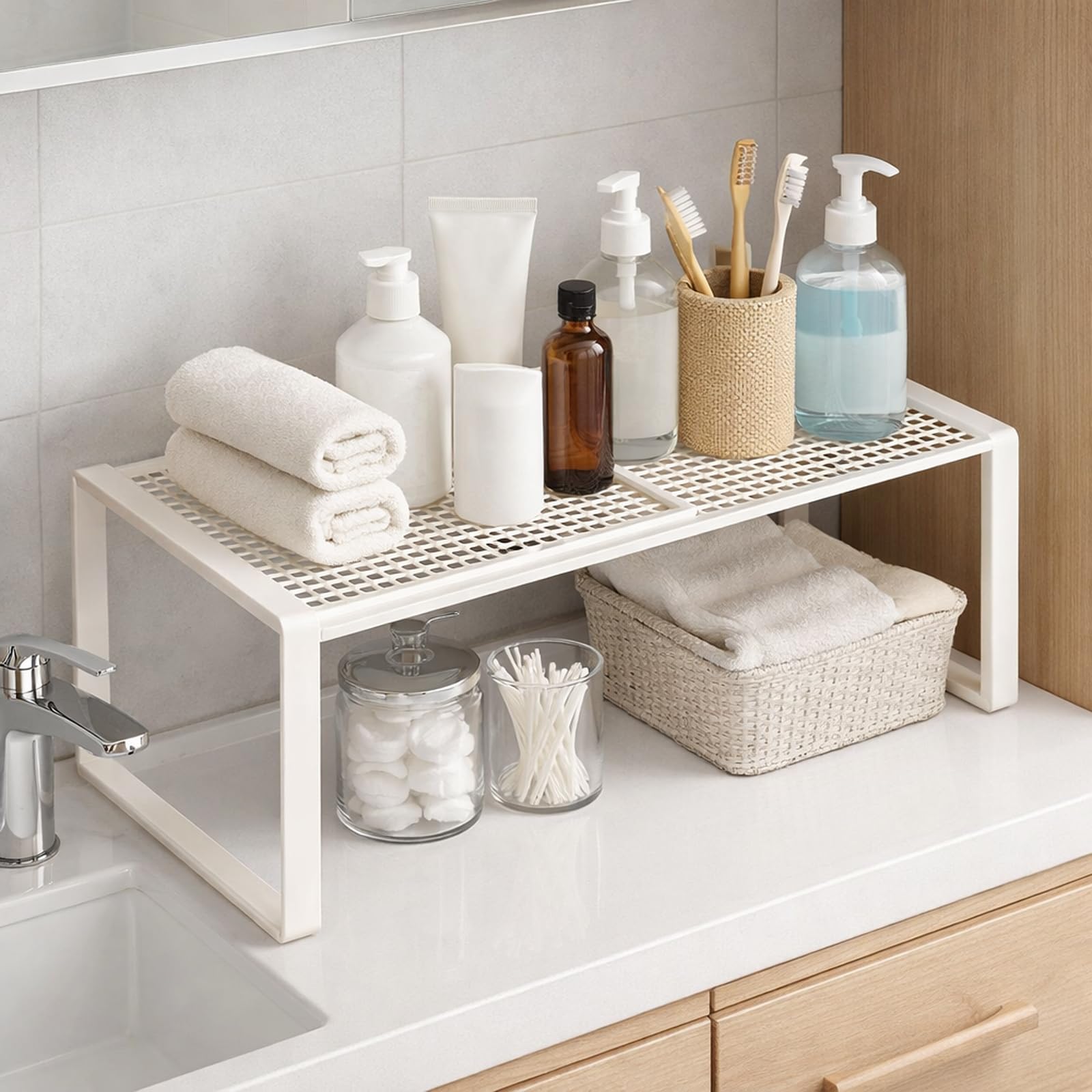 Organizer per armadio impilabile, estensibile, sistema di scaffali in metallo senza foratura, per cucina, bagno e scarpiera, salvaspazio e regolabile, bianco (bianco, lunghezza: 27-38 cm, larghezza