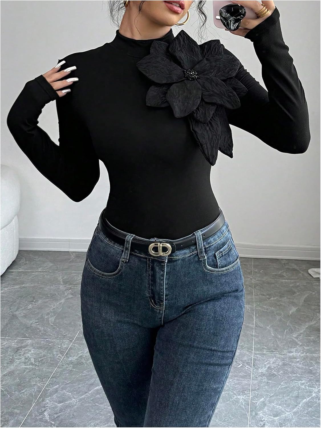 OYOANGLE Women's 3D Floral Long Sleeve Blouse Mock Neck Party Cocktail Elegant Top - Image 2