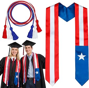 Puerto Rico & American Flag Graduation Stole Sash with Honor Cords - Red White Blue Class of 2026 Graduation Gift, First Generation Graduate Stole for Study Abroad & International Graduates