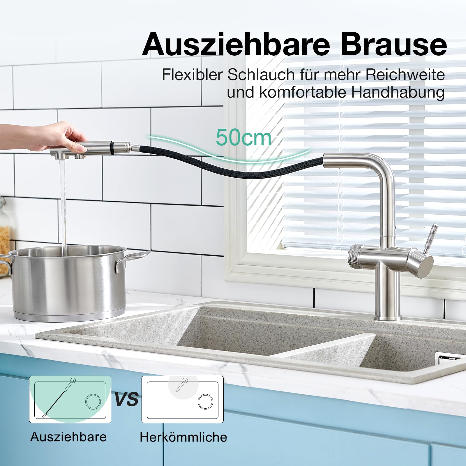 Faustina 3 Wege Küchenarmatur mit Brause ausziehbar, Doppelhebel Armatur Wasserhahn Spültischarmatur Trinkwasserhahn Küche für Osmoseanlage Umkehrosmose und Wasserfilter gebürstet