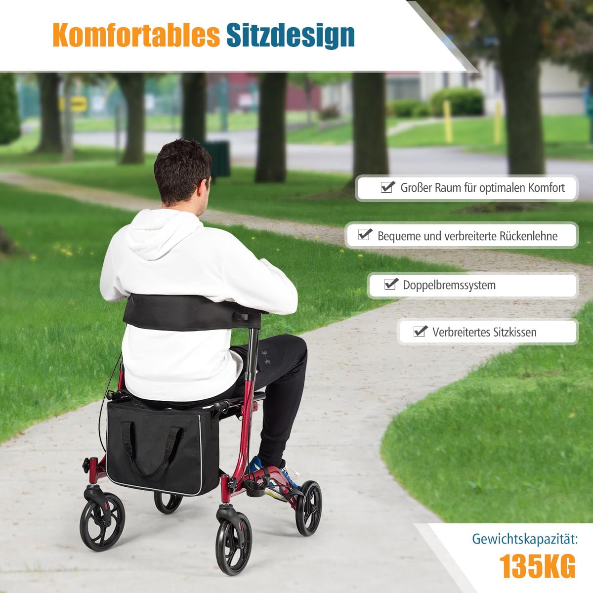 COSTWAY aluminiowy rollator, składany rollator podróżny, lekki rollator o regulowanej wysokości, z odpinanym workiem do przechowywania, malowane ogniowo, dla seniorów i dorosłych (czerwony)