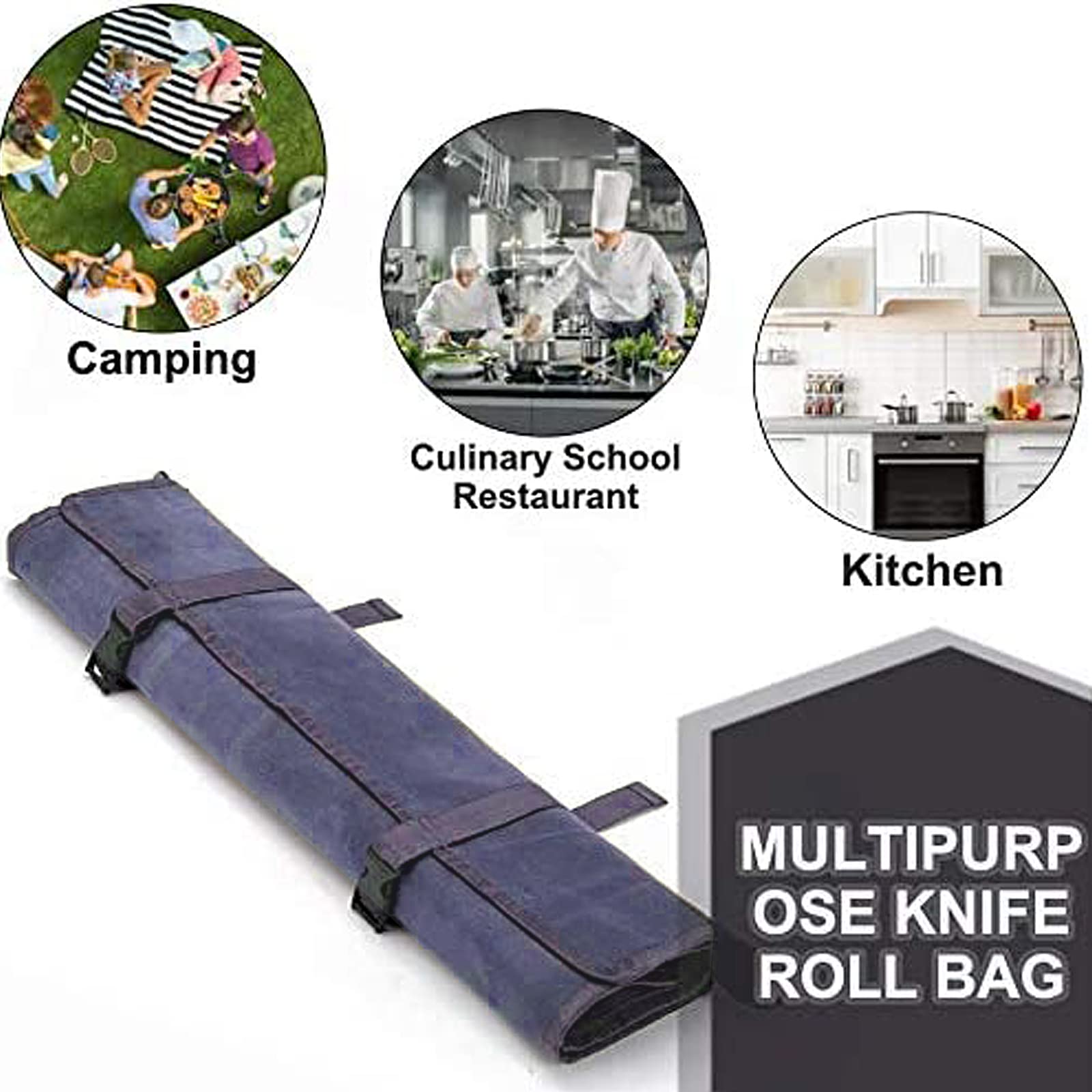HERSENT - Bolsa Enrollable para Cuchillos de Chef de Lona Encerada, Portador de Cuchillos de Chef portátil, Soportes para Cuchillos con 10 Ranuras más 1 Bolsillo con Cremallera Que Puede Contener