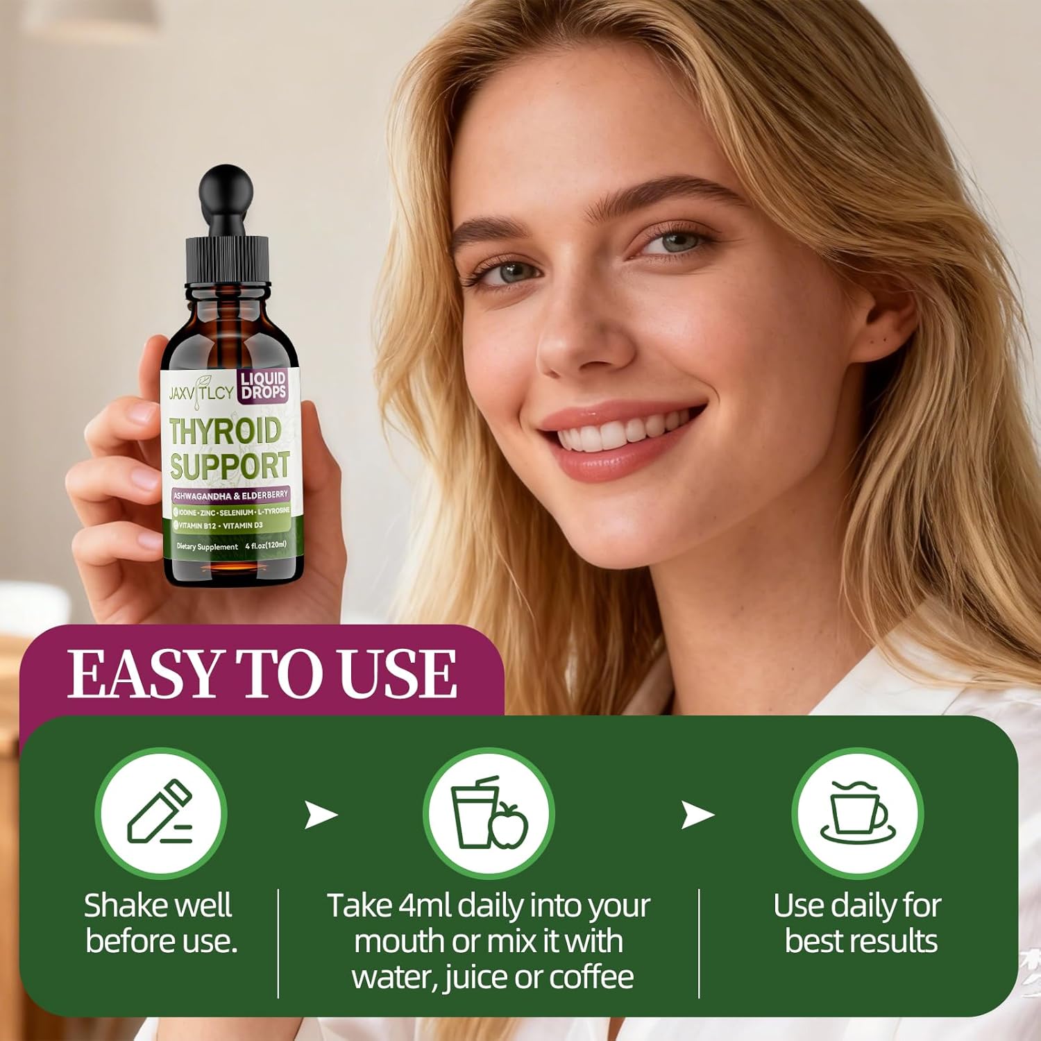 Thyroid Support Drops with Iodine, Selenium, Zinc & L-Tyrosine - Liquid Metabolism & Energy Supplement with Ashwagandha & Elderberry - Vegan, Non-GMO, Berry Flavor, High Absorption, 4 Fl Oz