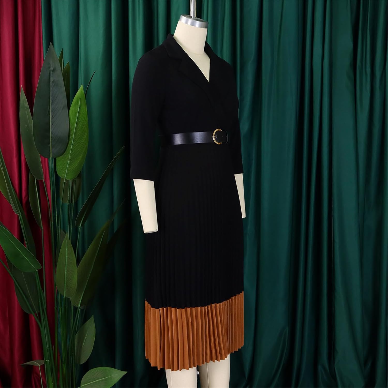 Women's 3/4 Sleeve Pleated Dress Midi Dress with Belt V Neck Business Elegant Dresses Formal Lady Dress