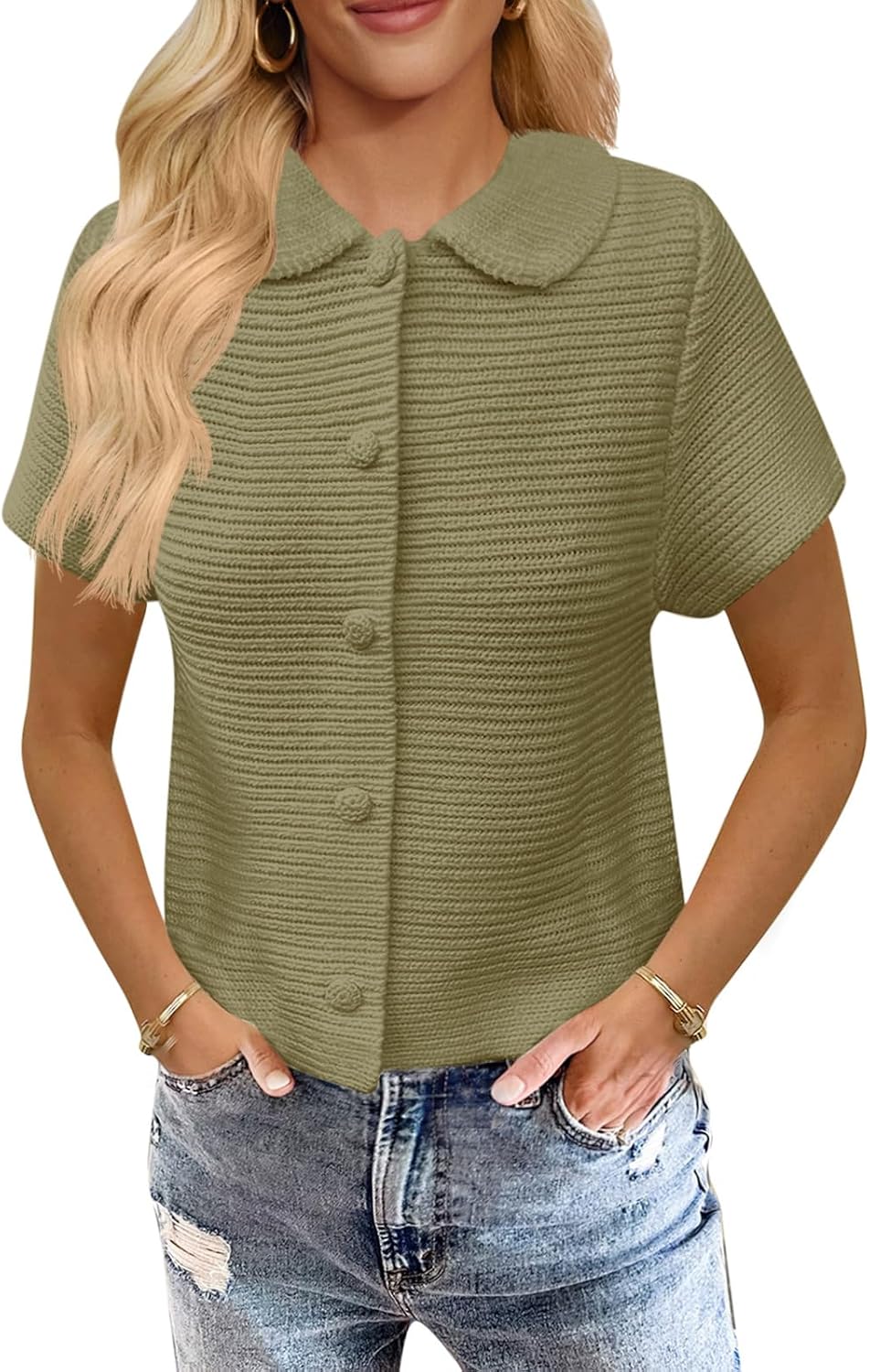 Saodimallsu Womens Short Sleeve Cropped Cardigans Casual Summer Button Down Collared Lightweight Loose Knit Sweater Top