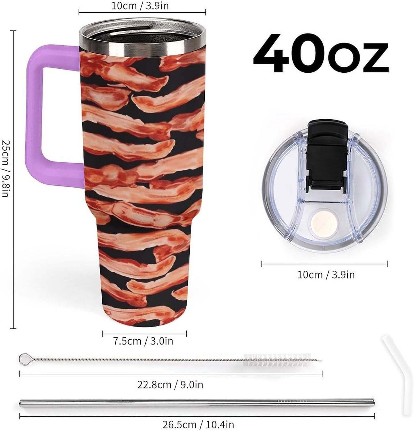 Bacon Pattern Tumbler Stainless Steel Large Car Cup with Handle&Straw Lid Portable Coffee Cup Leak-proof Water Bottle Insulated Vacuum Travel Mug for Home Outdoor 40oz