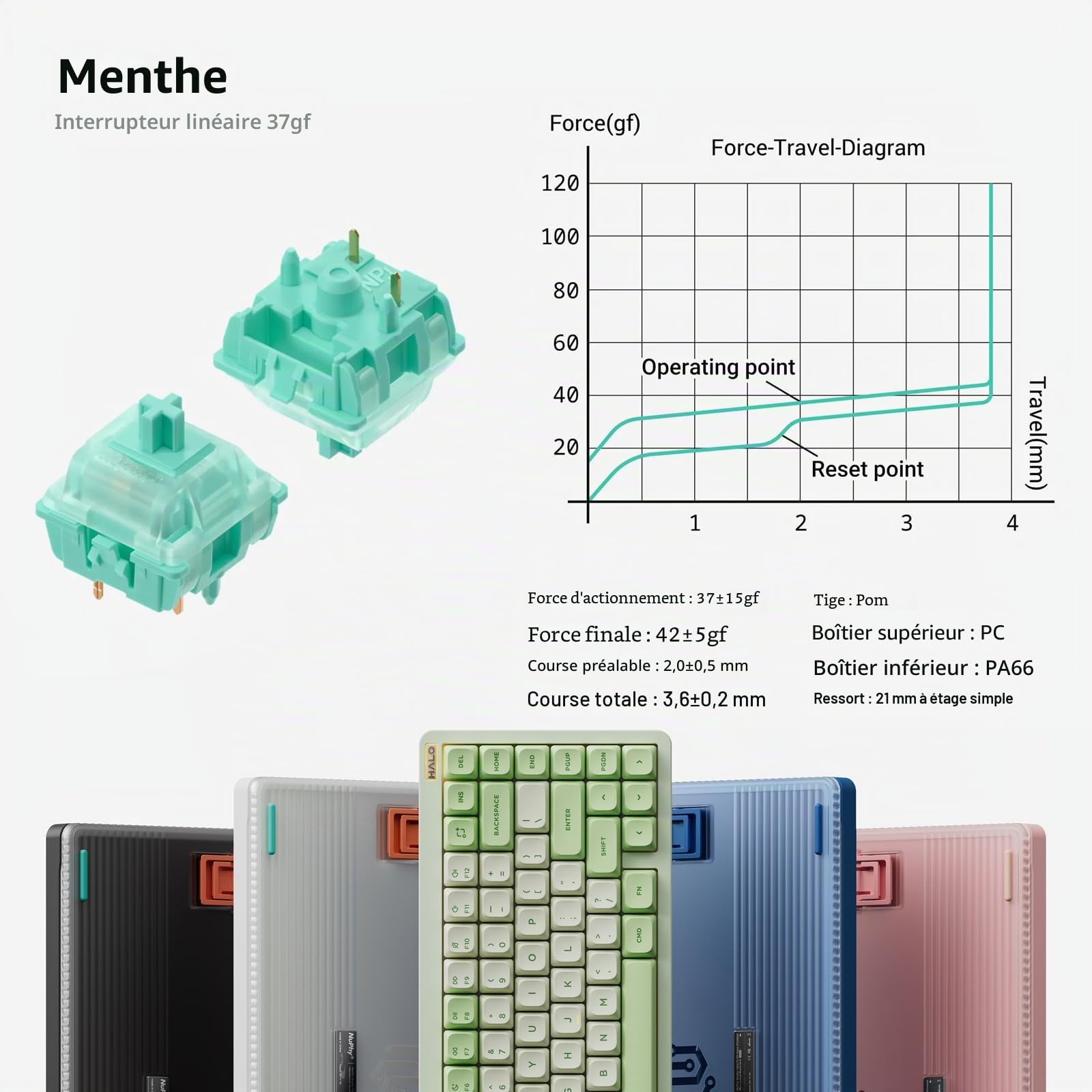nuphy Halo75 V2 Clavier Mécanique de Jeu, 75% sans Fil Hot Swappable Bluetooth, 83 Touches, RGB Rétro-éclairé, Supporte Bluetooth/2.4GHz/USB-C - (Bleu, Mint (37gf))