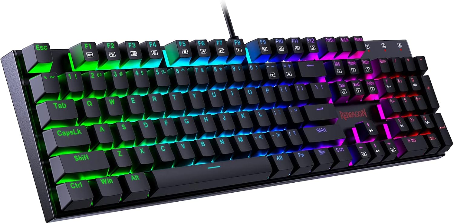 Redragon K551-N Mechanical Gaming Keyboard with Clicky Steel Aluminum Series Vara 104 Keys Wired Computer Keyboard for Windows PC Games (Black Not Backlit)