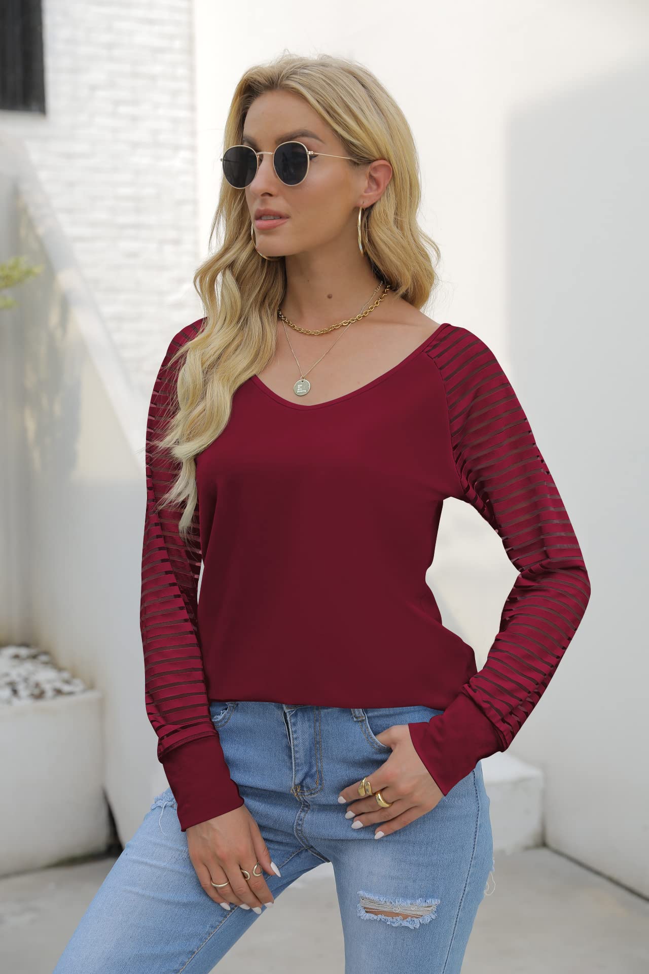 Damska bluzka w paski, z długim rękawem, dekolt w serek, luźna bluzka, elegancka koszulka, tunika, top
