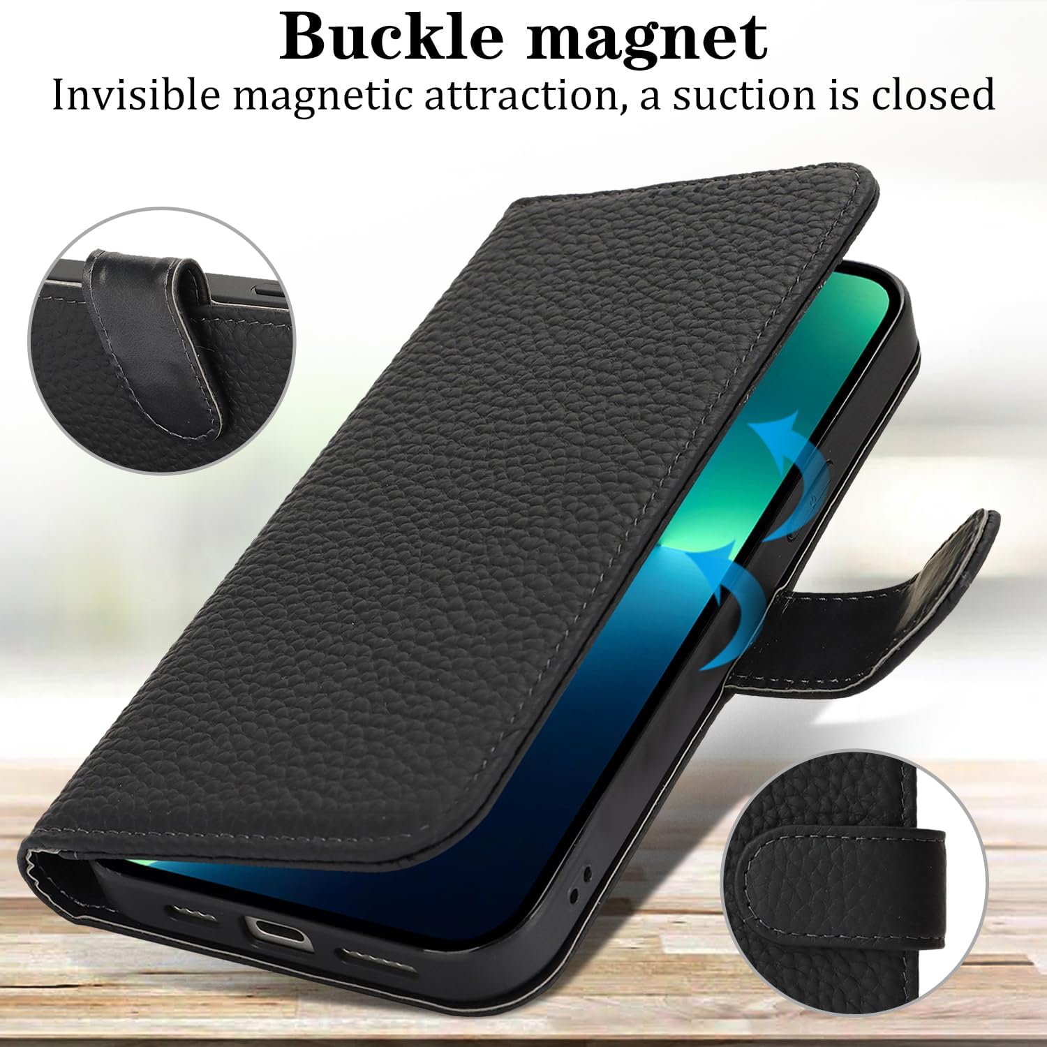 Zouzt for iPhone 13 Pro Max/12 Pro Max 6.7" Genuine Leather Wallet Case with 4 Card Slot, RFID Blocking Magnetic Flip Folio Shockproof Cover Women Men for iPhone 13 Pro Max/12 Pro Max - Black