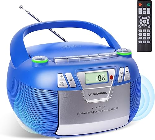 Boombox - Reproductor de CD con Bluetooth y reproductor de cassette, radio AMFM portátil, entrada MP3USBAUX, sistema de sonido estéreo con