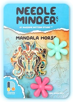 Awesome Pattern Studio Needle Minder Set - Mandala Horse Magnetic Needle Minder + 2 Needle Threaders. Enamel Pin for Cross Stitch, Embroidery and Craft