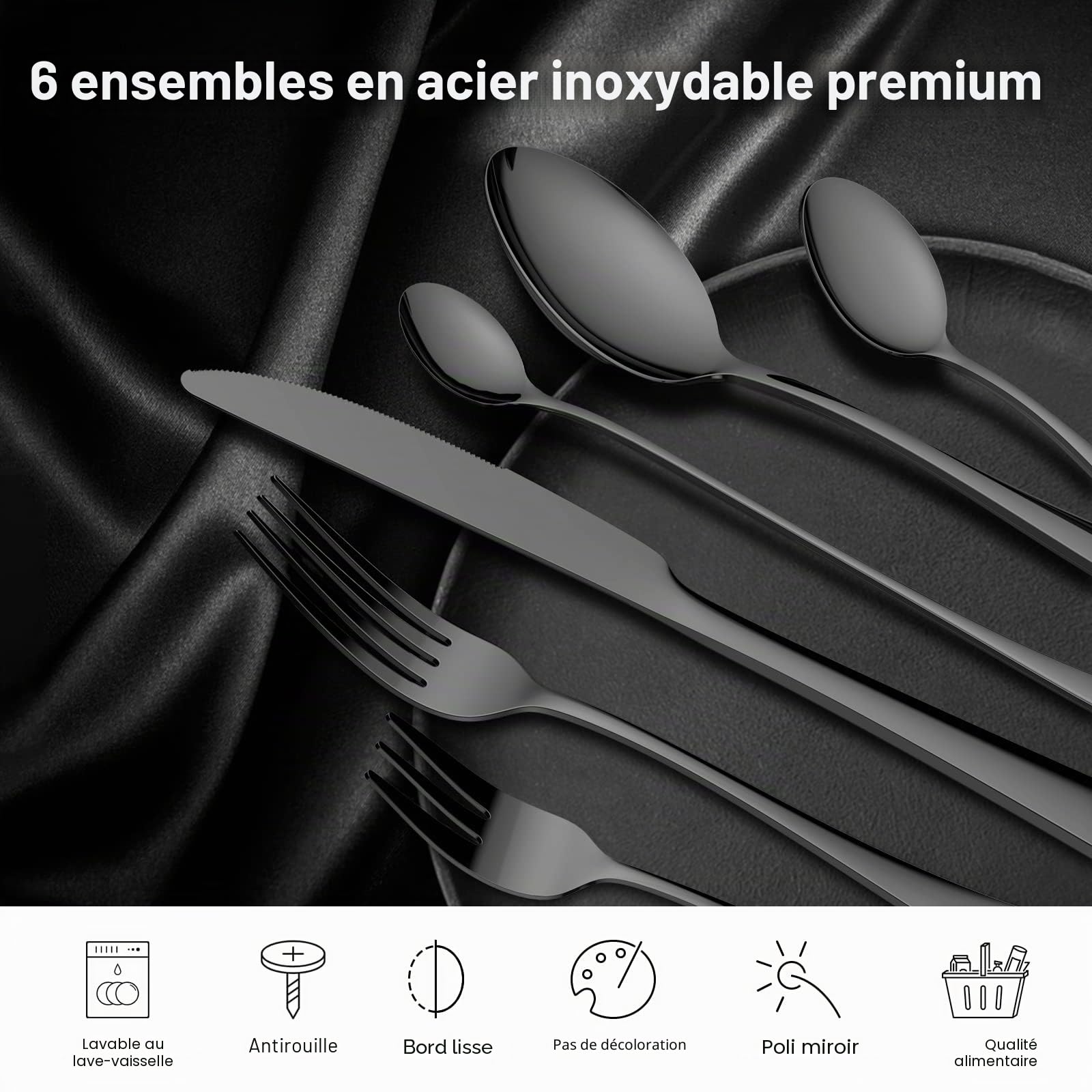 Couverts de Table,36 Ensemble de Couverts pour 6 Personnes, Couverts en Acier Inoxydable Poli Miroir/Lavable au Lave-Vaisselle/Facile à Nettoyer, Ménagère avec Cuillère à Dessert-Noir