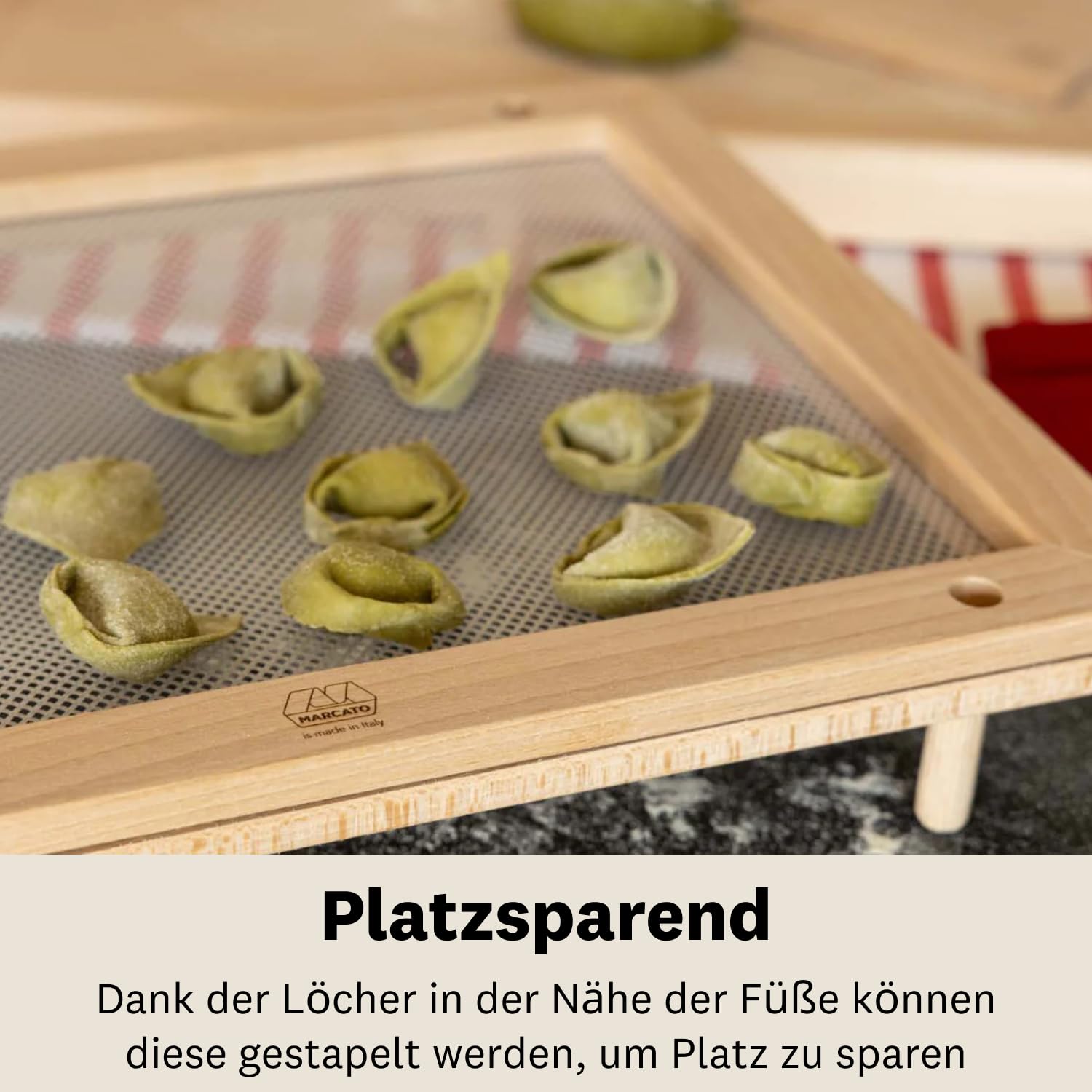 Marcato Nudeltrockner aus Holz mit Lebensmittelnetz, 44 x 32 x 8 cm, kompakt, stapelbar, hergestellt in Italien für gleichmäßiges Trocknen von Pasta
