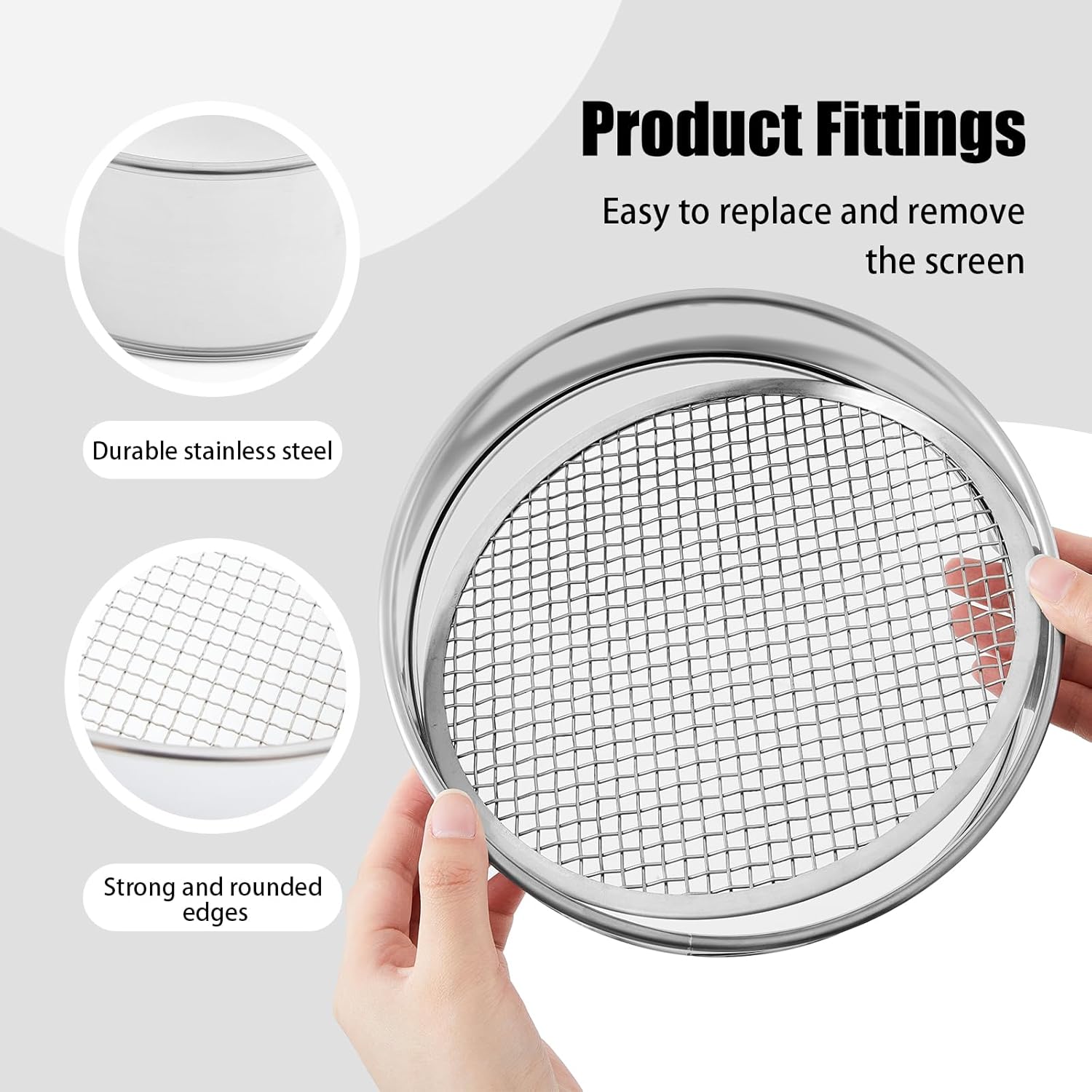 Shimeyao 3 Pcs Soil Sifter Set with 9 Pcs Sieve Meshes 1/2/3/5/6/8/9/10/12 mm Interchangeable Sand Screen Stainless Steel Riddle for Gardening, Garden Sieve for Rock, Sand, Soil, Compost