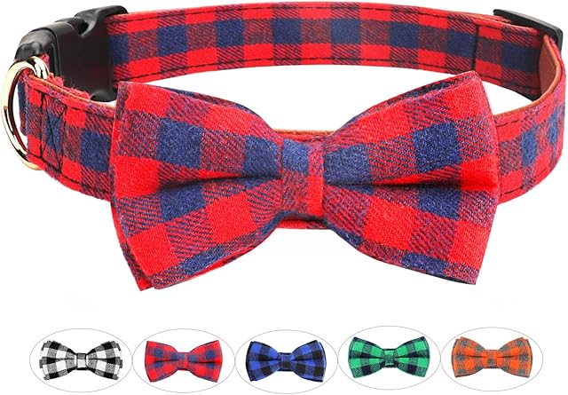 Dog Bow Tie Collar, Funow Plaid Bow Tie Dog Collar Unique Buckle Soft Comfortable, Adjustable comfy Bowtie for Small Medium Large Dogs Cats Pets Durable Cotton Best Gift Cute Bowtie Detachable S Red