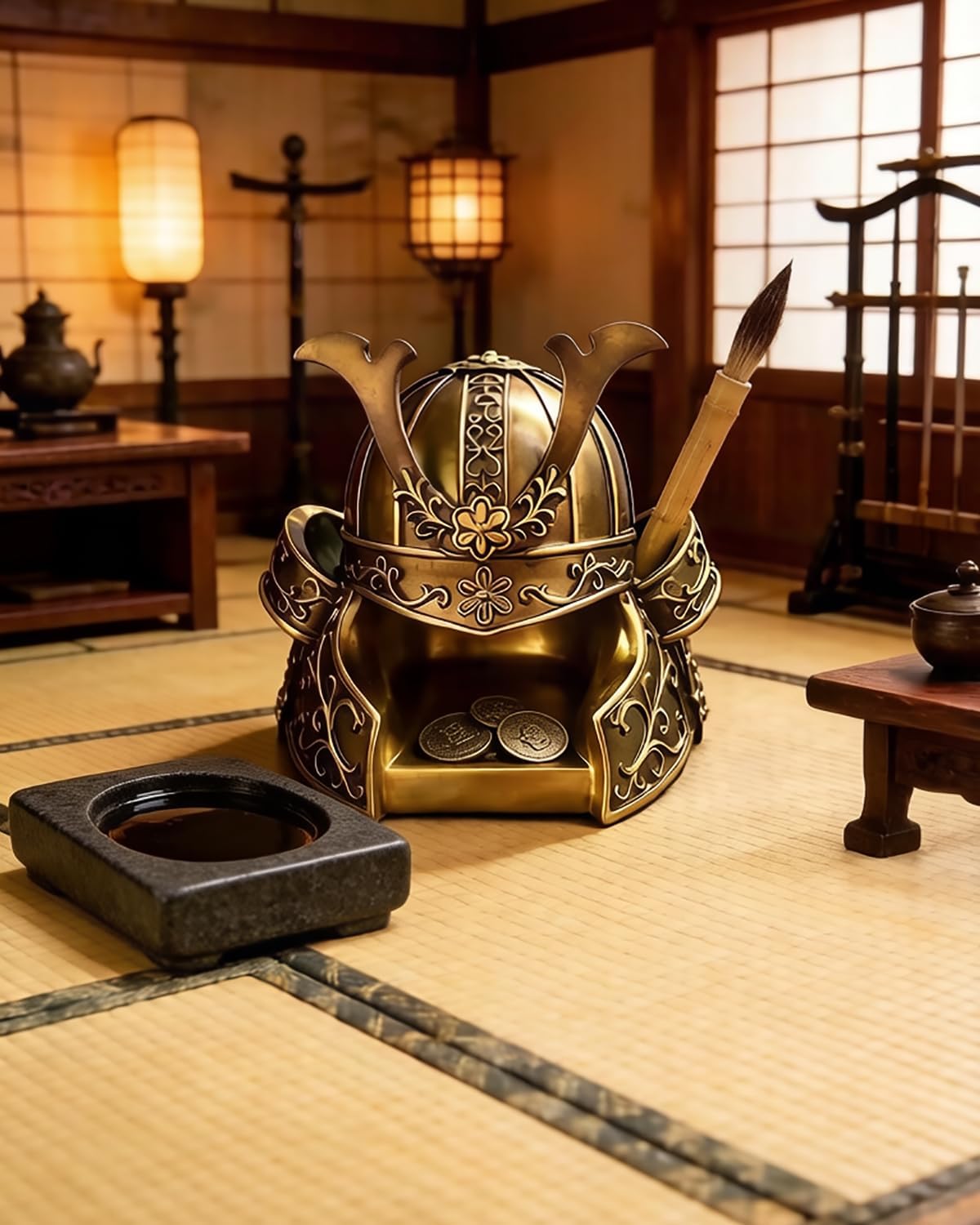 Japanese Samurai Helmet Pen Holder Resin Pen Hole Storage Container Bronze image 4