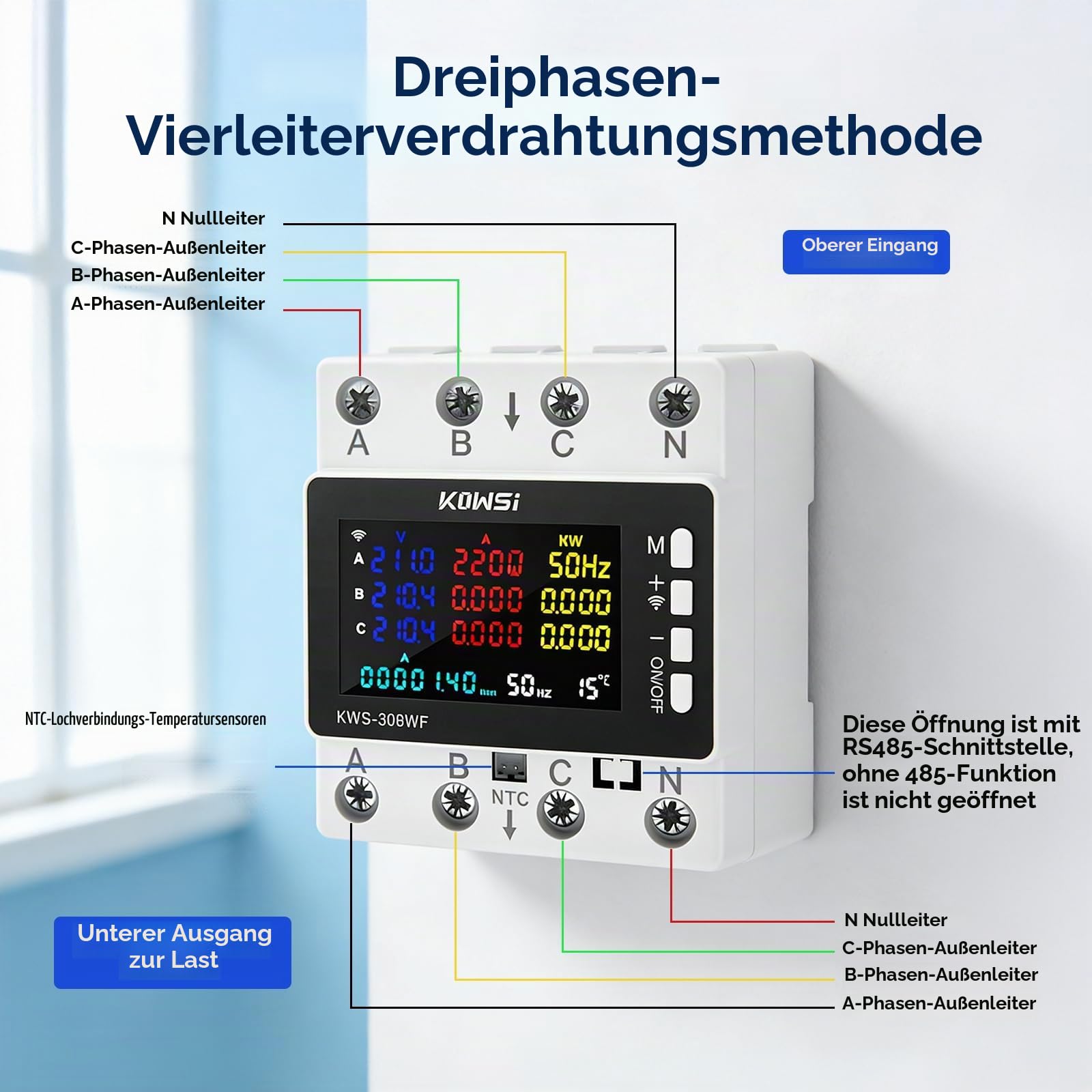 3-Phasen WiFi Stromzähler, 10-in-1 Smart Energy Monitor mit Tuya App, Digitaler kWh Zähler DIN Schiene, 85-290V AC 0-80A, Leistungsmessgerät, Volt Ampere Wattmeter für Haushalt & Industrie