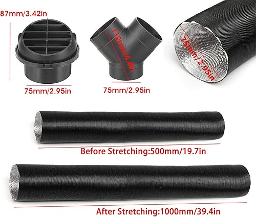 Miniatura 3 de Tubo de escape del calentador diesel 2.953 in Conducto Y Branch Kit de ventilación de salida de aire caliente para calentador diesel Webasto