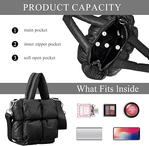 Miniatura 7 de Bolsa de mano acolchada, pequeñas bolsas hinchadas para mujer, ligeras, rellenas de plumón, bolsa cruzada acolchada, bolso de mano para el hombro