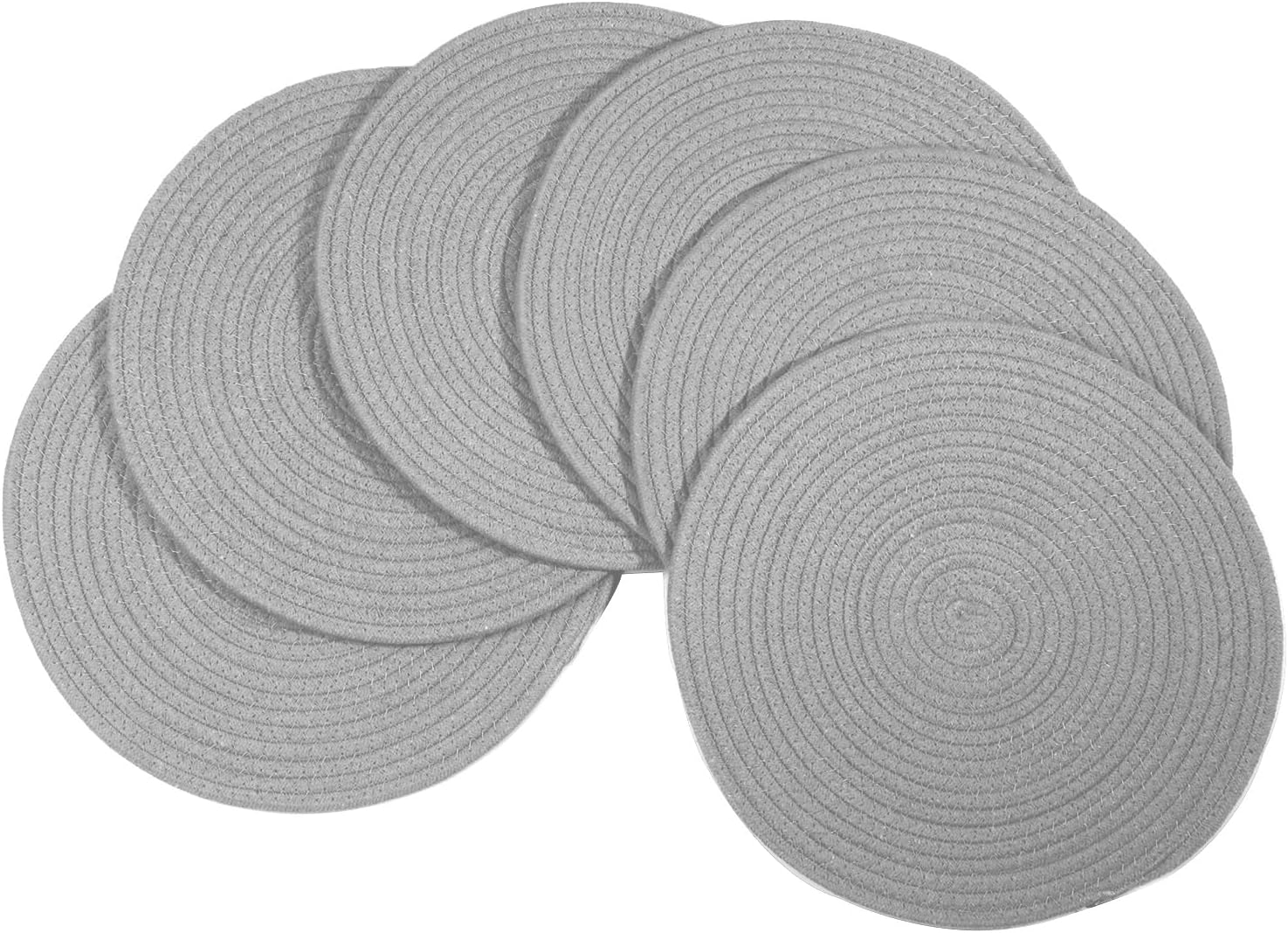 6Pcs Woven Placemats, Gray Cotton Rope Woven Vintage Place Mats, 13.8 Inch Round Plate Chargers Wicker Tablemats Farmhouse Boho Braided Heat Resistant Outdoor Placemat for Patio Table Decor