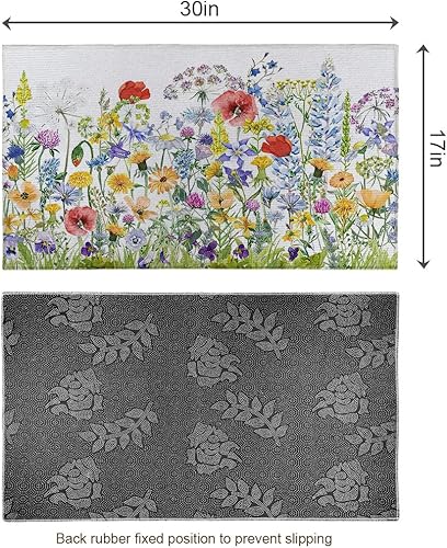 Miniatura 3 de MDQAO Tapete de goma antideslizante con diseño de flores silvestres coloridas de 17 x 30 pulgadas, tapete de flores de primavera y verano para