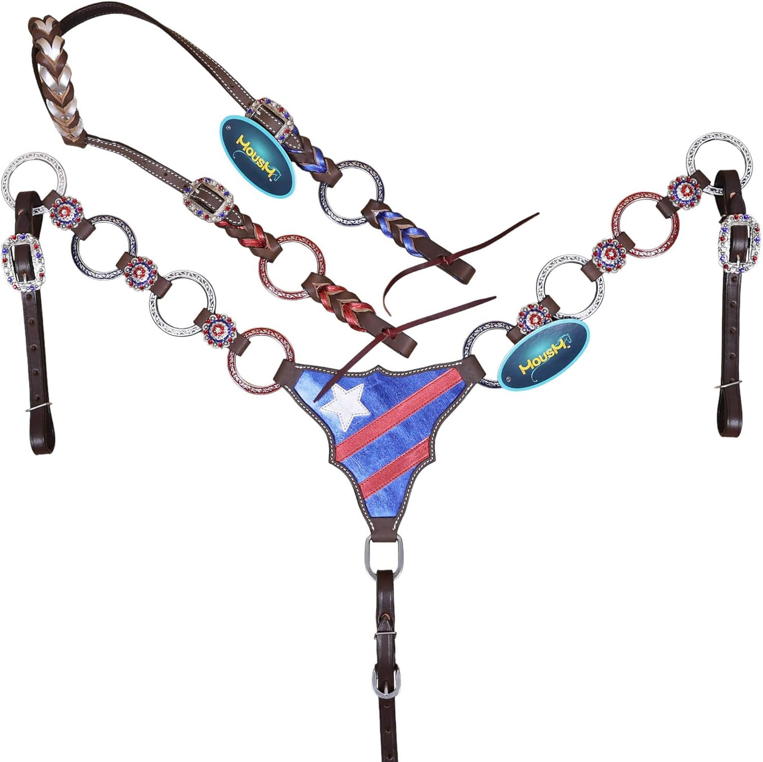 Western Leather One Ear Headstall & Breast Collar Tack Set – Red, Royal Blue & White Ring Flag Design, Criss-Cross Braiding, Genuine Argentina Cow Leather, Antique Nickel Hardware – Full Horse