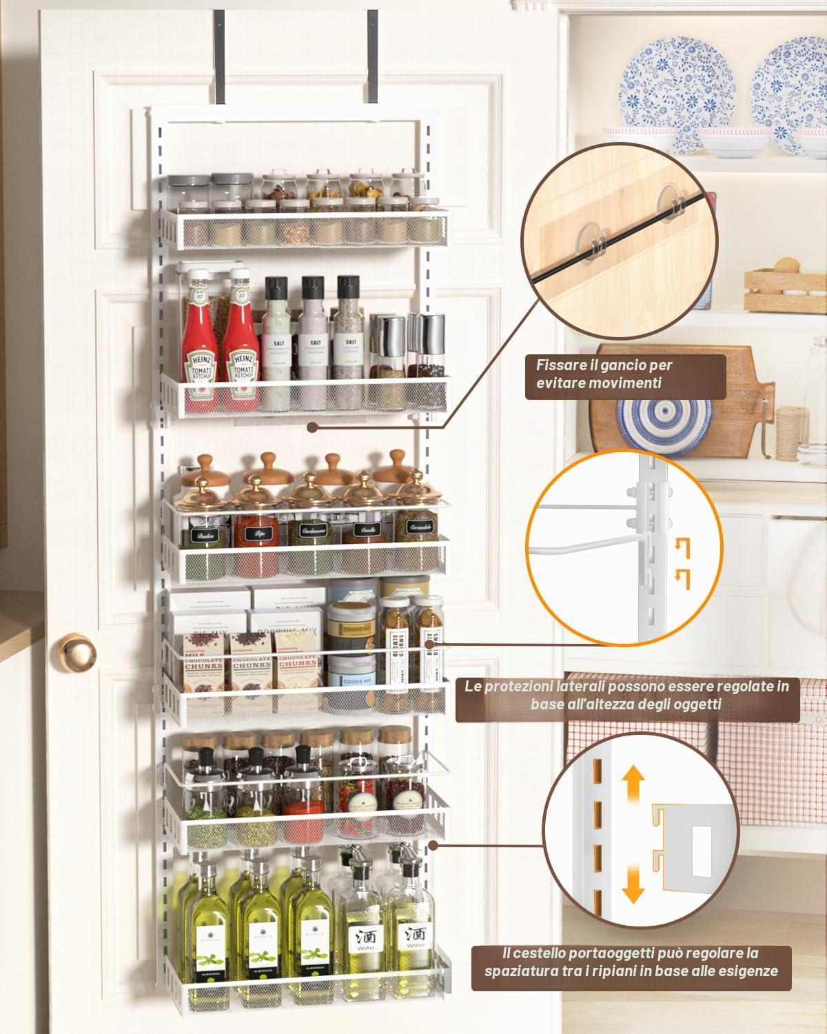 Scaffale di Stoccaggio Sopra la Porta, 6 Livelli Regolabili Organizzatori Dietro la Porta per Ogni Livello, Porta Posteriore in Metallo Appendiabiti per Spezie per Cucina Dispensa Bagno, Bianco