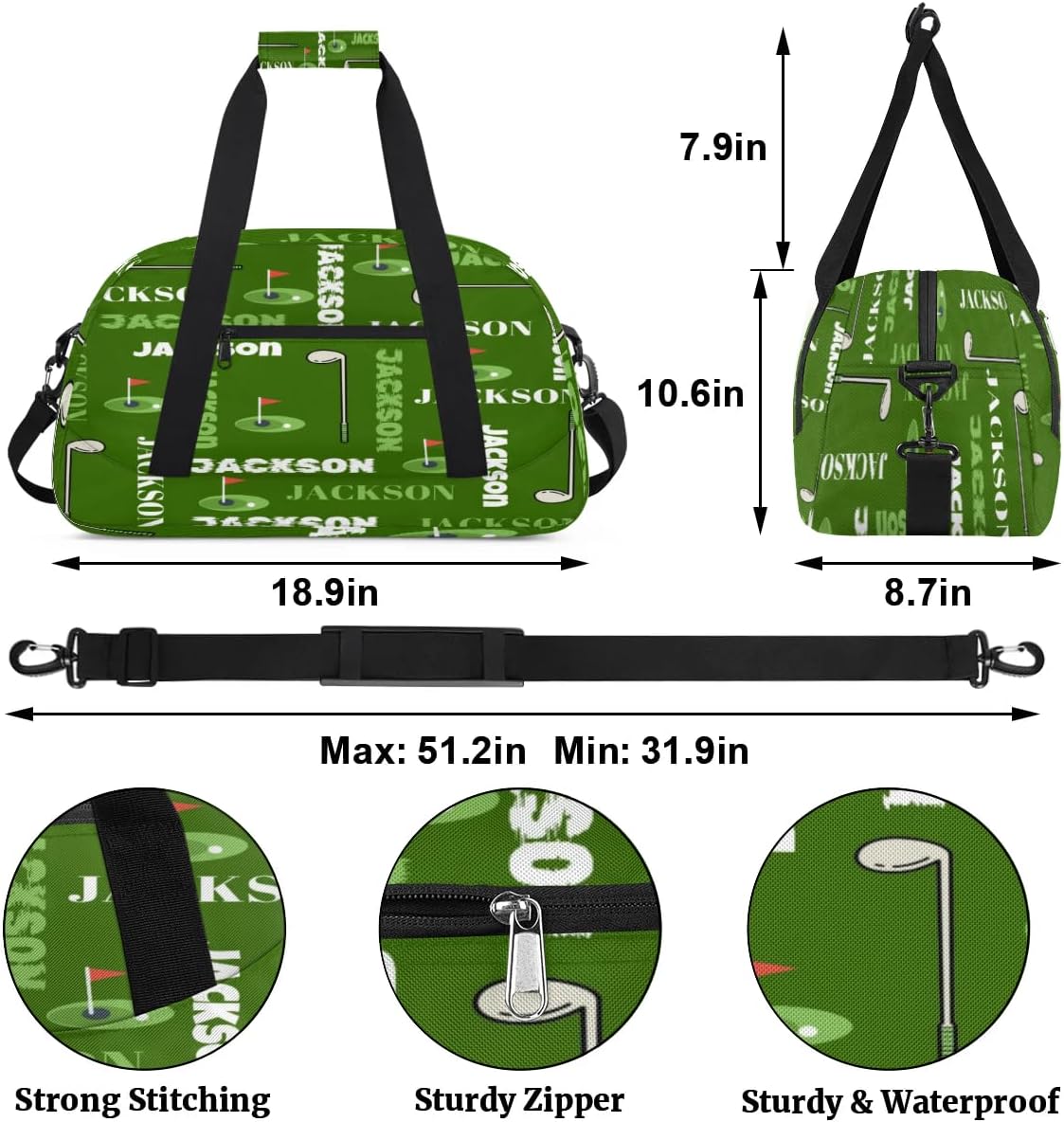 Personalized Golf Gym Bag Duffel Bag for Boys, Custom Sport Bag Overnight Bags for Travel Weekender Green
