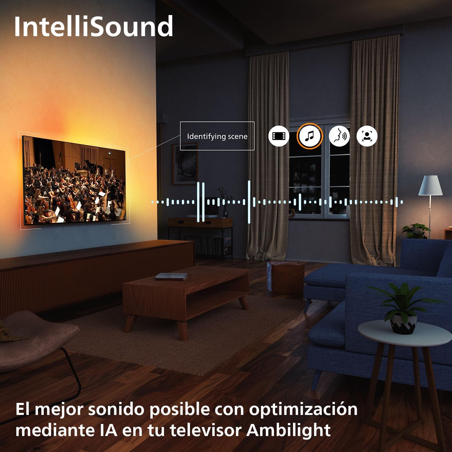 Two scenes showing voice assistant integration: one with a Google Home device interacting with the TV, and another with an Alexa device. Both show speech bubbles with questions about the weather.