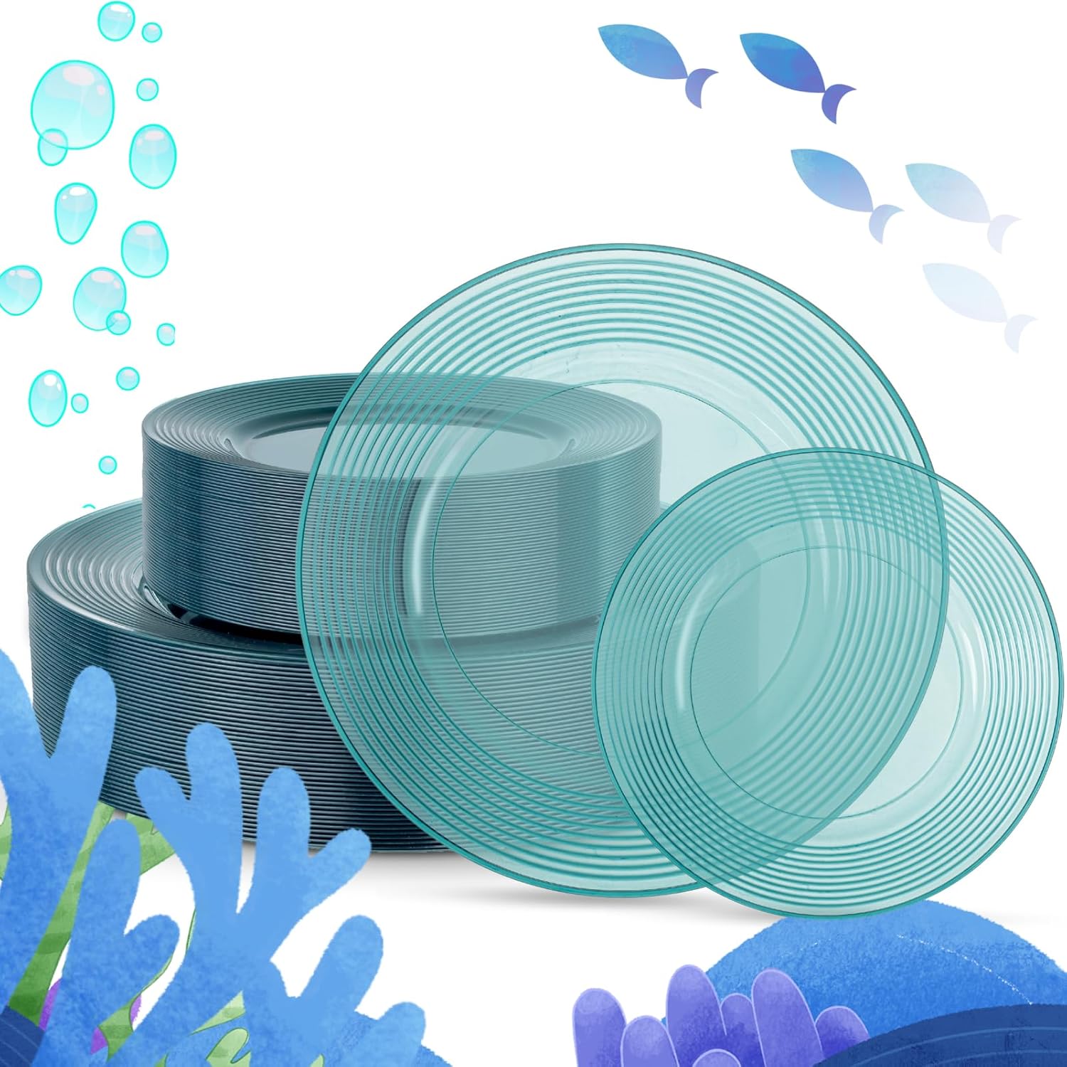 FLOWERCAT 100PCS Clear Blue Plastic Plates - Heavy Duty Plastic Plates Disposable -Straw hat plate for Summer party &Wedding - Serve for 50Guests party(10inch & 7inch)(Mediterranean Blue) Clear Mediterranean Blue