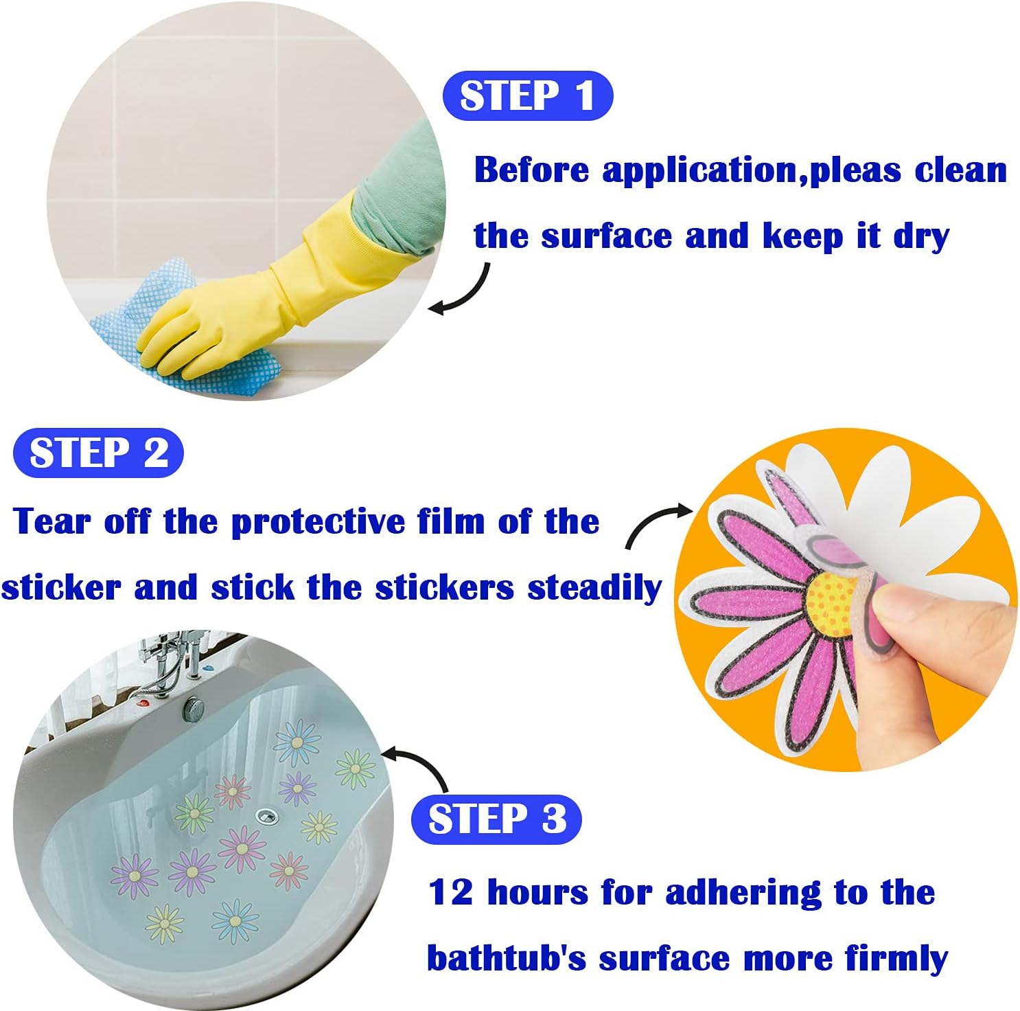 Non Slip Bathtub Stickers, 14 PCS Daisy Flower Shape Bath Tub Slip Stickers for Bathtub Shower and Bathtub Safety, Shower Treads Adhesive Appliques with Premium Scraper : Home & Kitchen