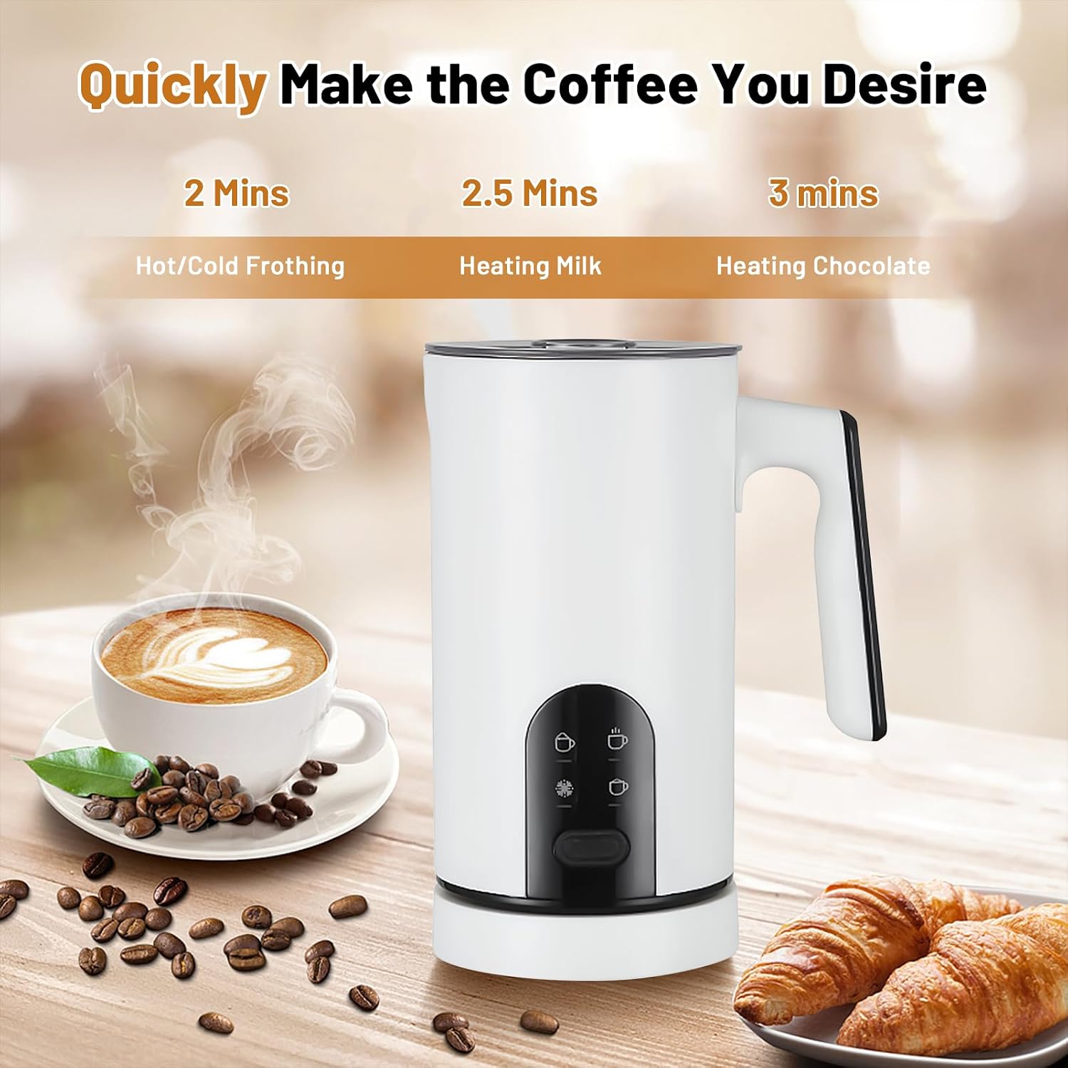 4 in 1 Electric Milk Frother, 580 ML Automatic Hot and Cold Milk Frother and Milk Warmer 2 Whisks for Latte, Cappuccinos, Macchiato (White) image 3