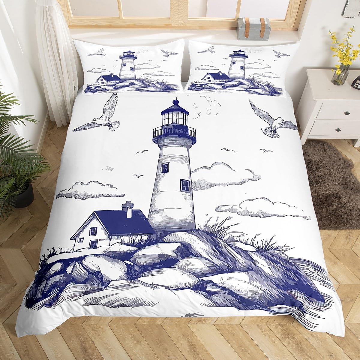 jejeloiu Kids Nautical Bedding Set Toddler Size, Anchor Duvet Cover Boys Girls Lighthouse Comforter Cover for Compass Teens Bedroom Decor Zipper (No Comforter)