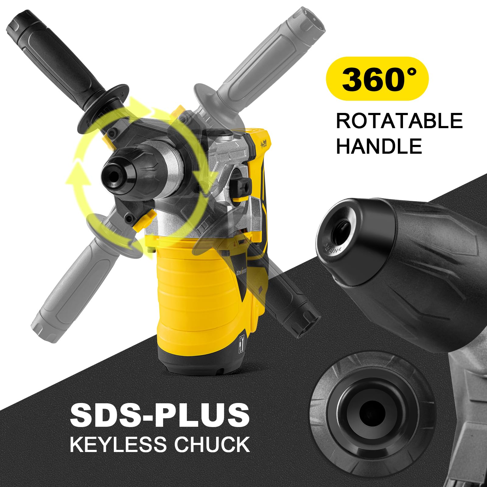 ENVENTOR SDS-Plus Bohrhammer, 1500W Schlagbohrmaschine, 6Joule Abbruchhammer mit Anti-Vibrationsgriff, Max 4500 BPM, 4 Funciones Kombihammer, Max Bohrleistung in Beton(32mm), Metall(13mm), Holz(40mm)