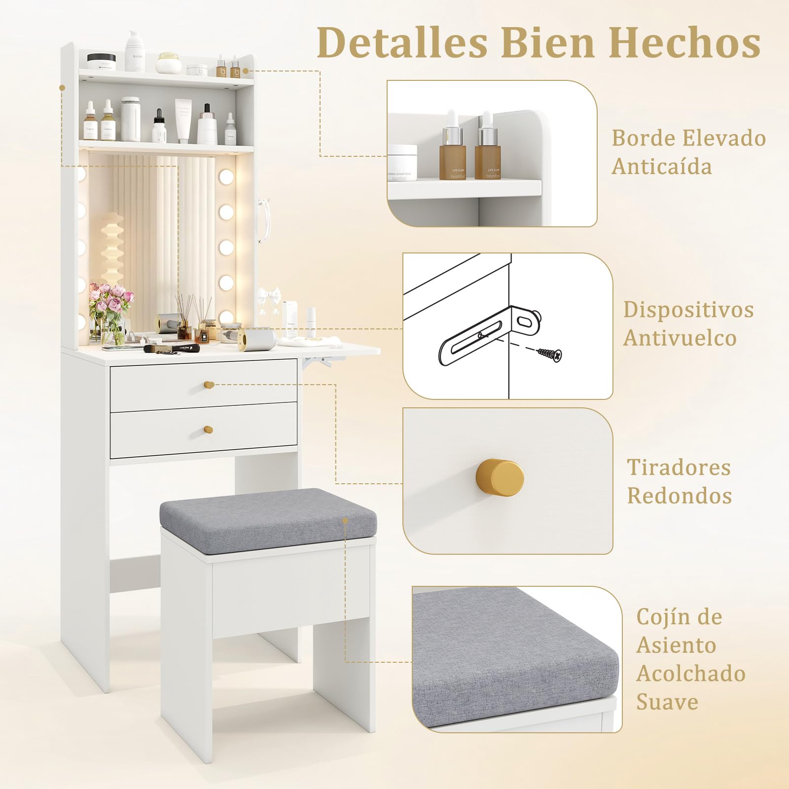 COSTWAY Tocador de Maquillaje con Luz y Espejo, Carga de Estación, Taburete con Almacenamiento, Tocador Pequeño de Panel Plegable con Cajones y Estantes, 72 x 39 x 151 cm, Blanco
