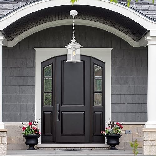 Miniatura 7 de Darkaway Farol colgante para exteriores, grande de 20 pulgadas con luces colgantes de aluminio de vidrio para exteriores, para porche, patio,