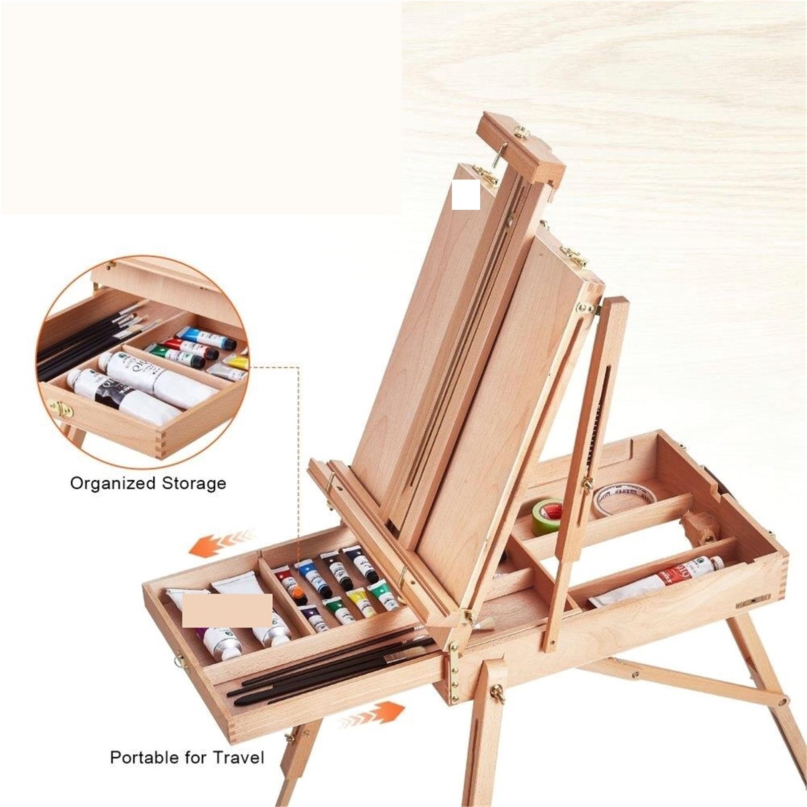 Tragbarer Malkoffer Faltbare Sketchbox-Staffelei aus Buchenholz mit Schubladendesign for Leinwände bis zu 34 Zoll