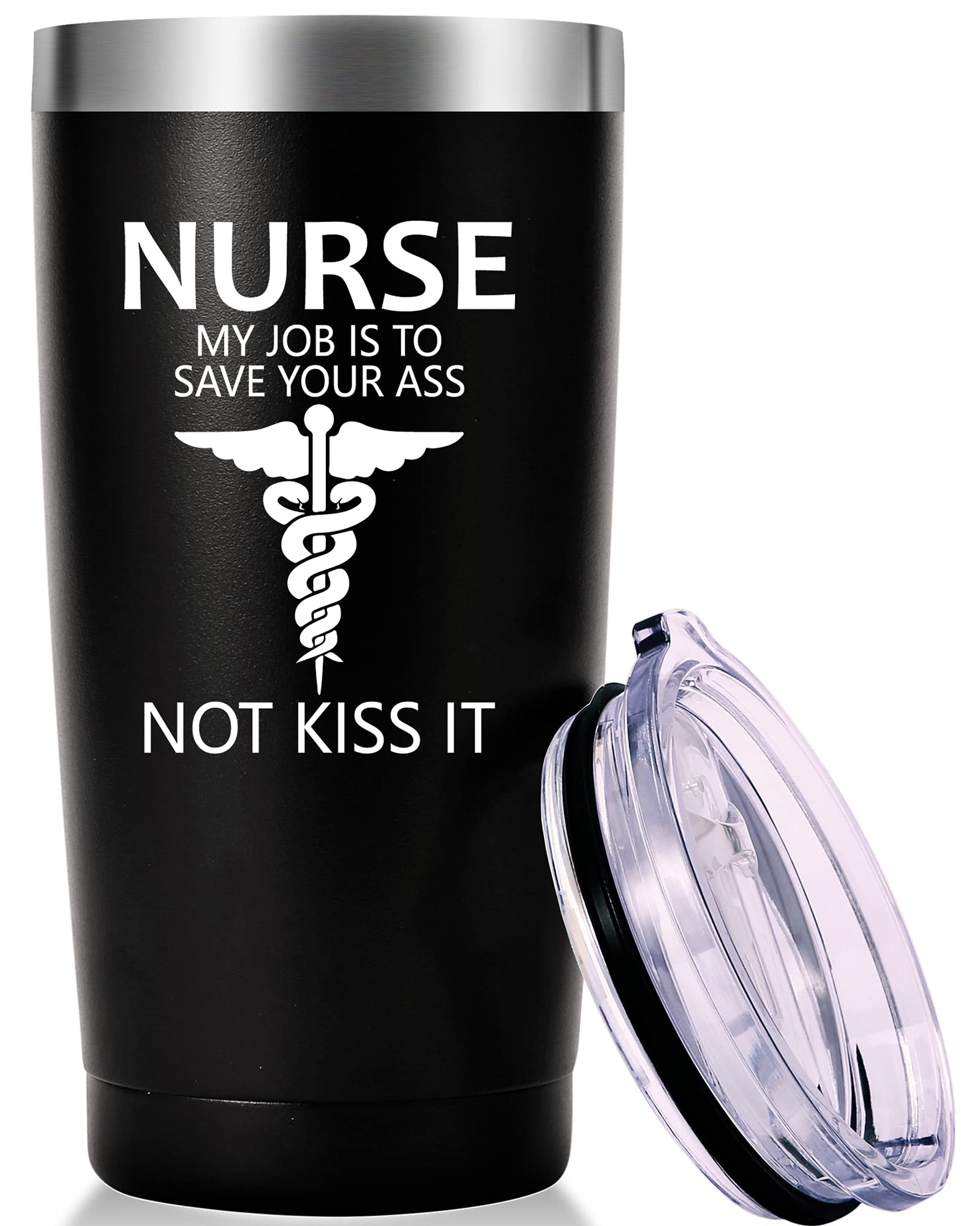 AMZUShomeNurse My Job Is To Save Your Not Kiss It Mug.Nurses Week,Nurse Practitioner,Nurse Appreciation,Nursing School Graduation Gifts.Birthday,Christmas Gifts for Nurse Tumbler(20oz Black)