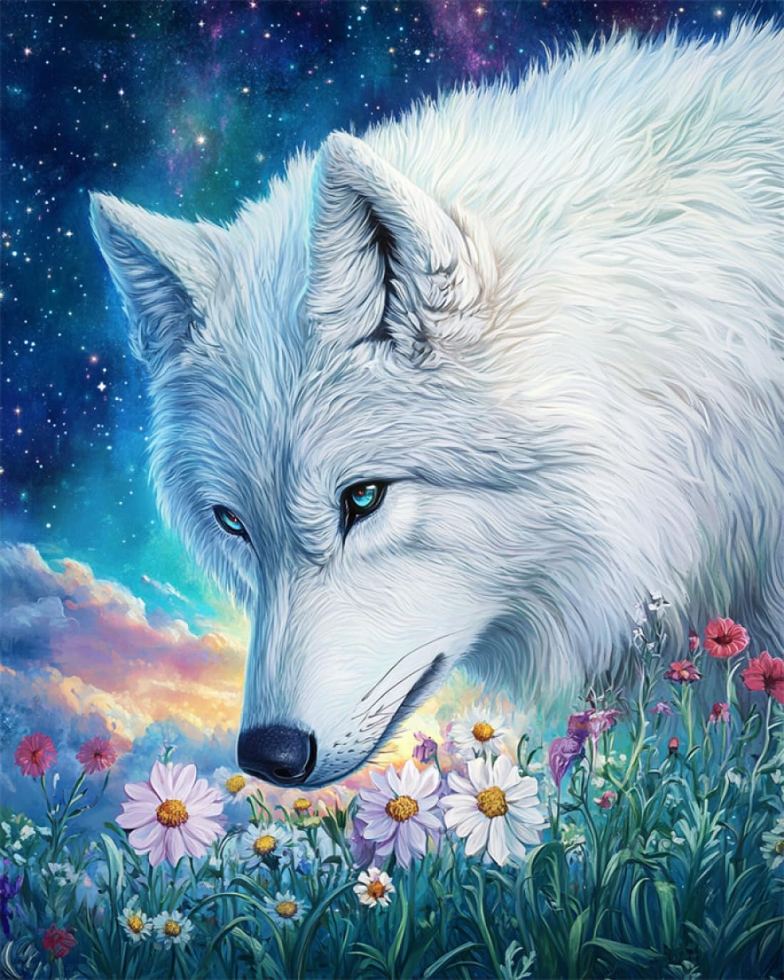 RKFLGEW Kits De Bordado De Cuentas Diy Fantasía De Lobo Blanco Y Flores Kit De Bordado Con Cuentas，Juego De Manualidades Con Cuentass Para Principiantes，Decoración Del Hogar 40x50cm
