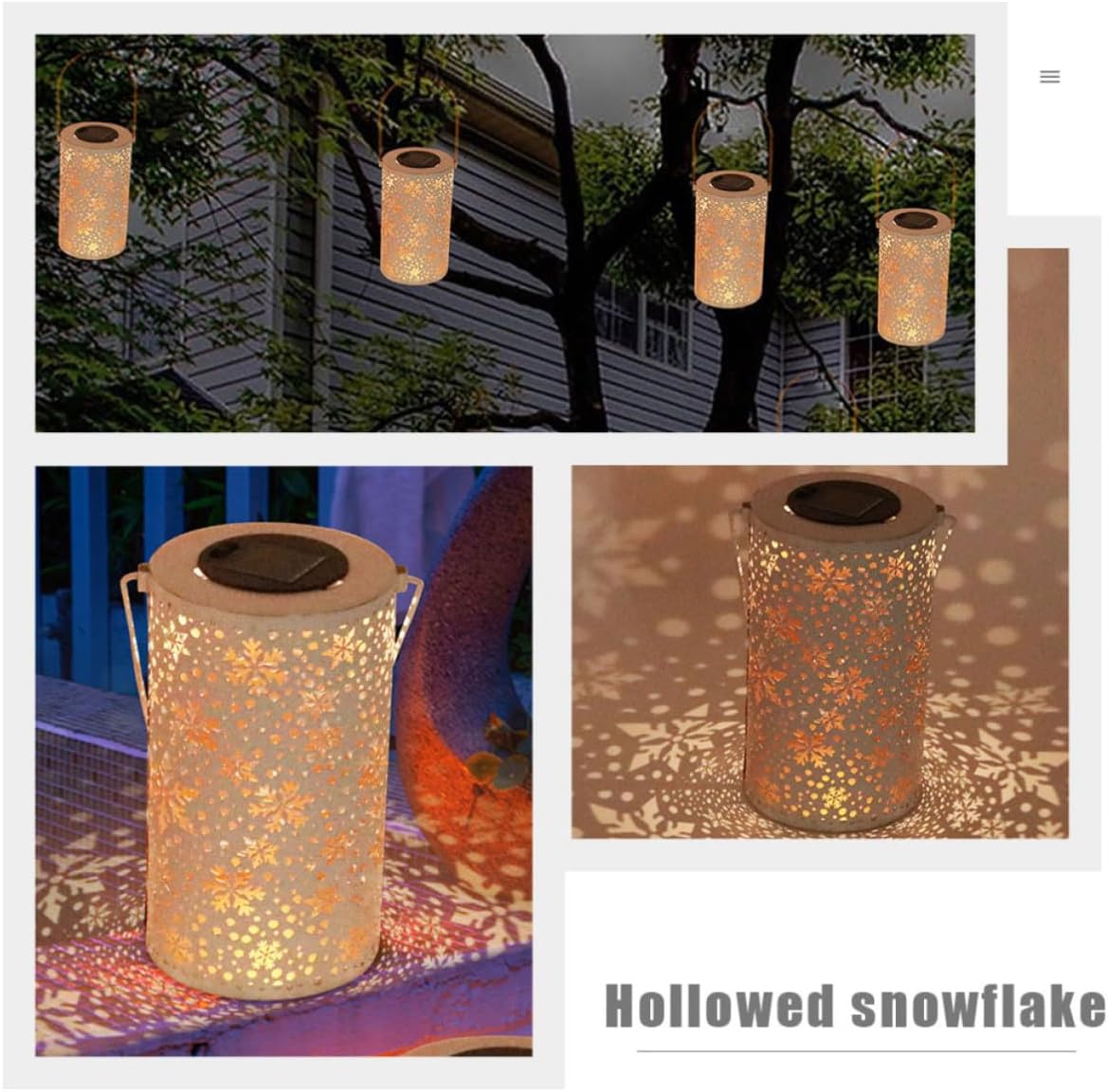 Outdoor Decorative Iron Work Light with Hollow-Out Design, Solar Garden Lamp with Ip44 Protection and Snowflake Projection, for Yard and Outdoor Decoration