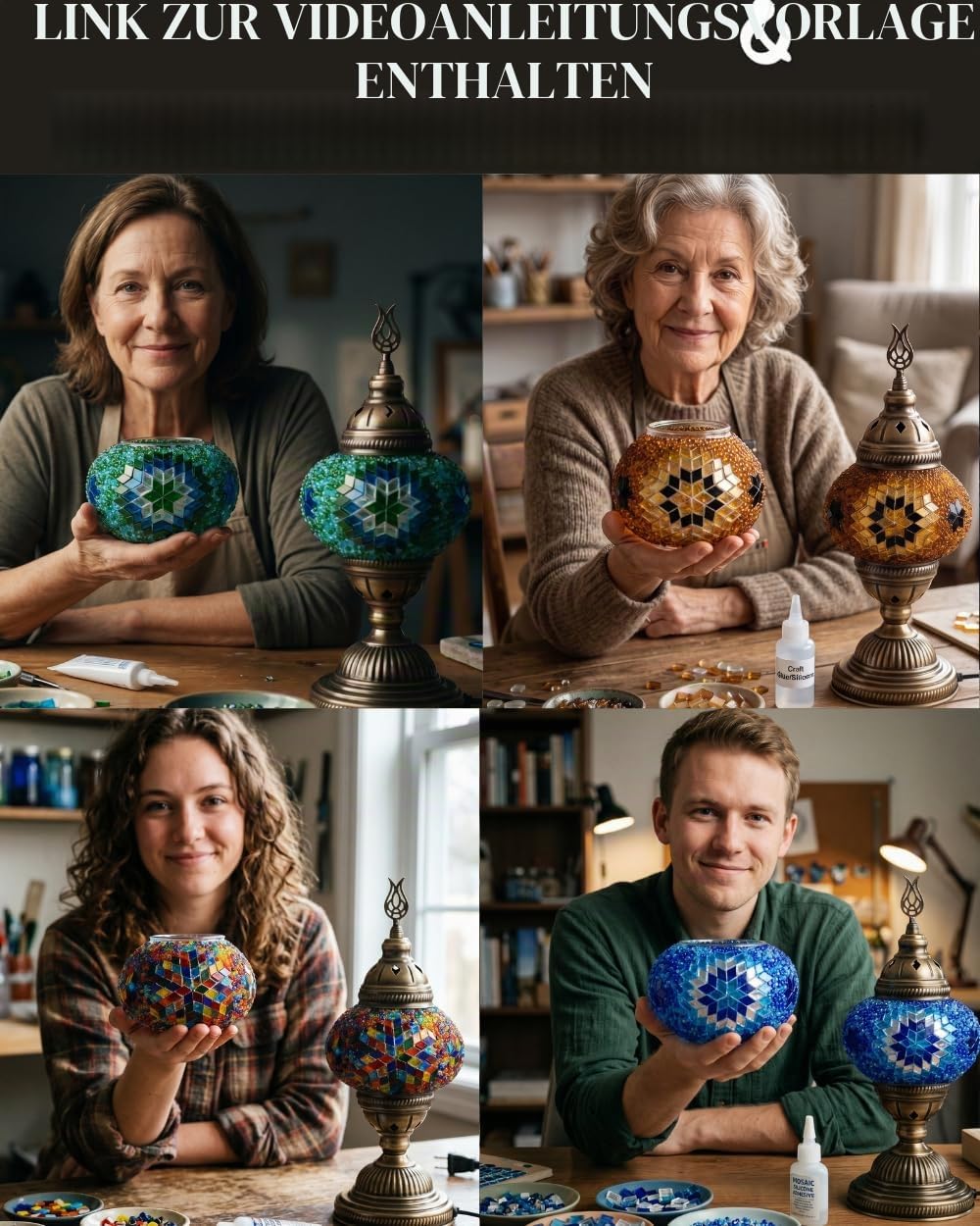 DEMMEX Farbe Wählbar – DIY Mosaik-Tischlampe Bastelset – Türkisch-Marokkanischer Stil – Gestalten Sie Ihre eigene Lampe mit Glassteinen & Werkzeug, Kein Verfugen nötig