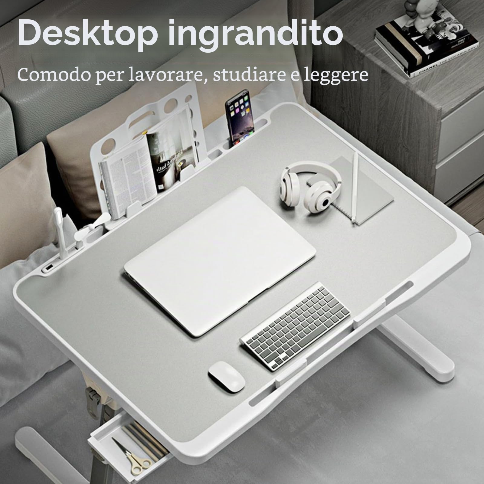 Tavolino Per Laptop, Vassoio Da Letto Regolabile In Altezza Comodino Pieghevole Con Cassetto Ripiano Lampada Da Scrivania Usb E Ventilatore Per Letto Divano Pavimento 60x40 Cm