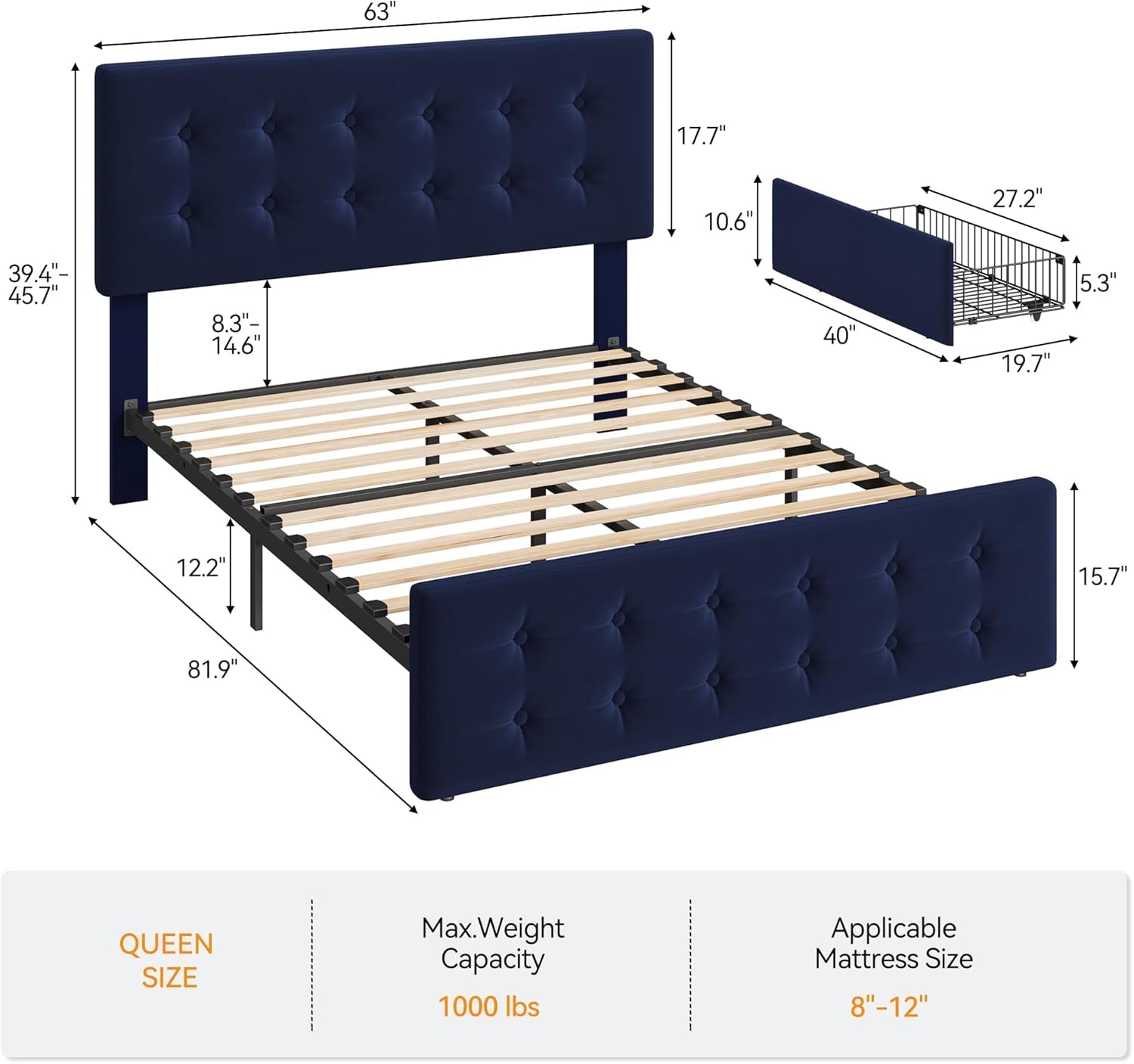 Garvee 4 Storage Drawers Full Size Bed Frame with Headboard, Upholstered Mattress Foundation with Skin-Frienly Linen, No Box Spring Needed