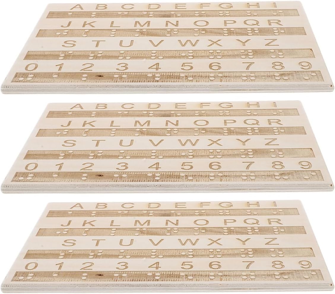 Braille Alphabet Board and Tactile Number Board 3Pcs Set Wooden with Raised Dots Teaching Tools for Blind People Learning and Education